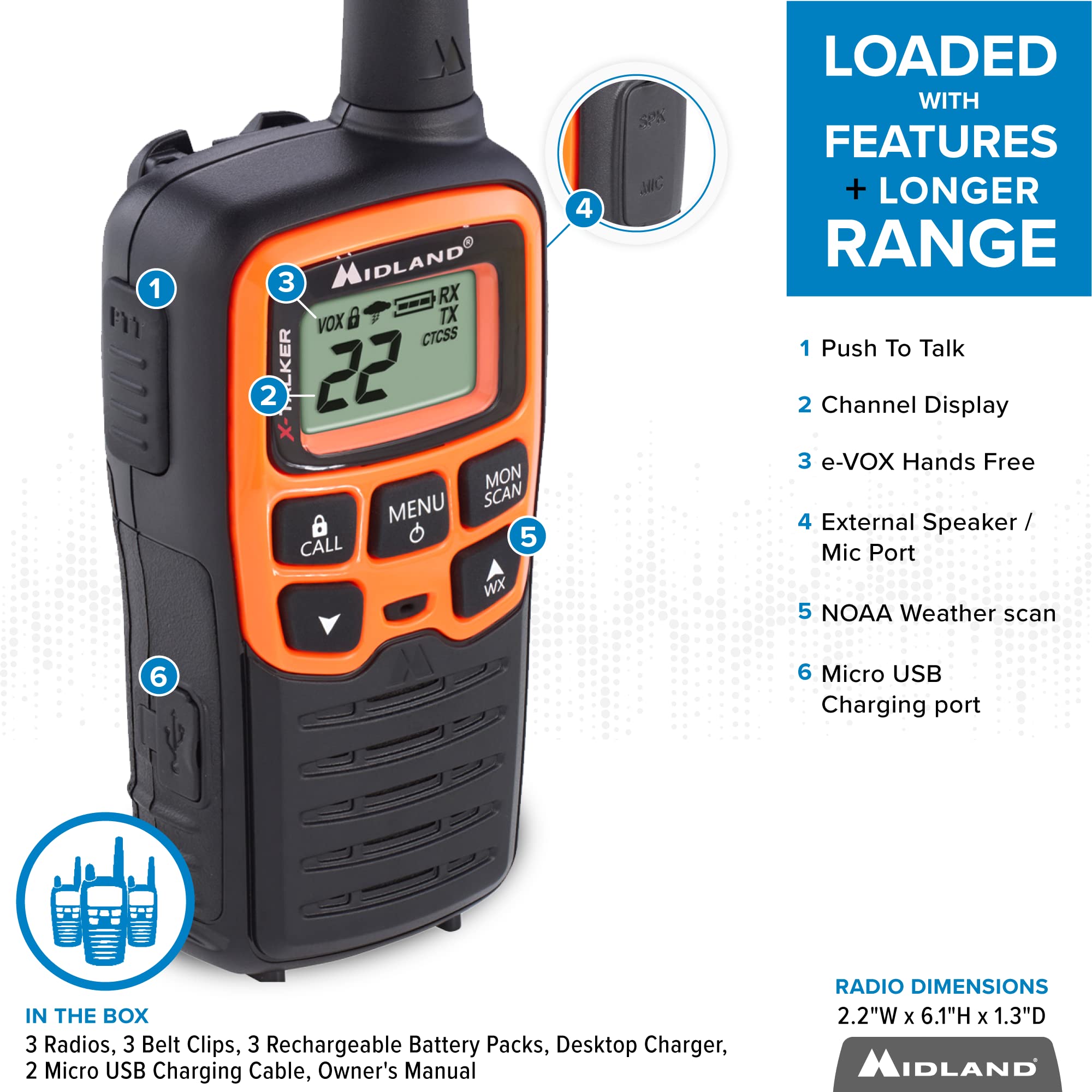 Midland  T51X3Vp3 X Talker Walkie Walkie   Long Range Two Way Radio For Camping Hiking Hand Held Rzr Frs Compact Radio Utv Communication Noaa Weather Scan   Black/Orange, 3 Radios