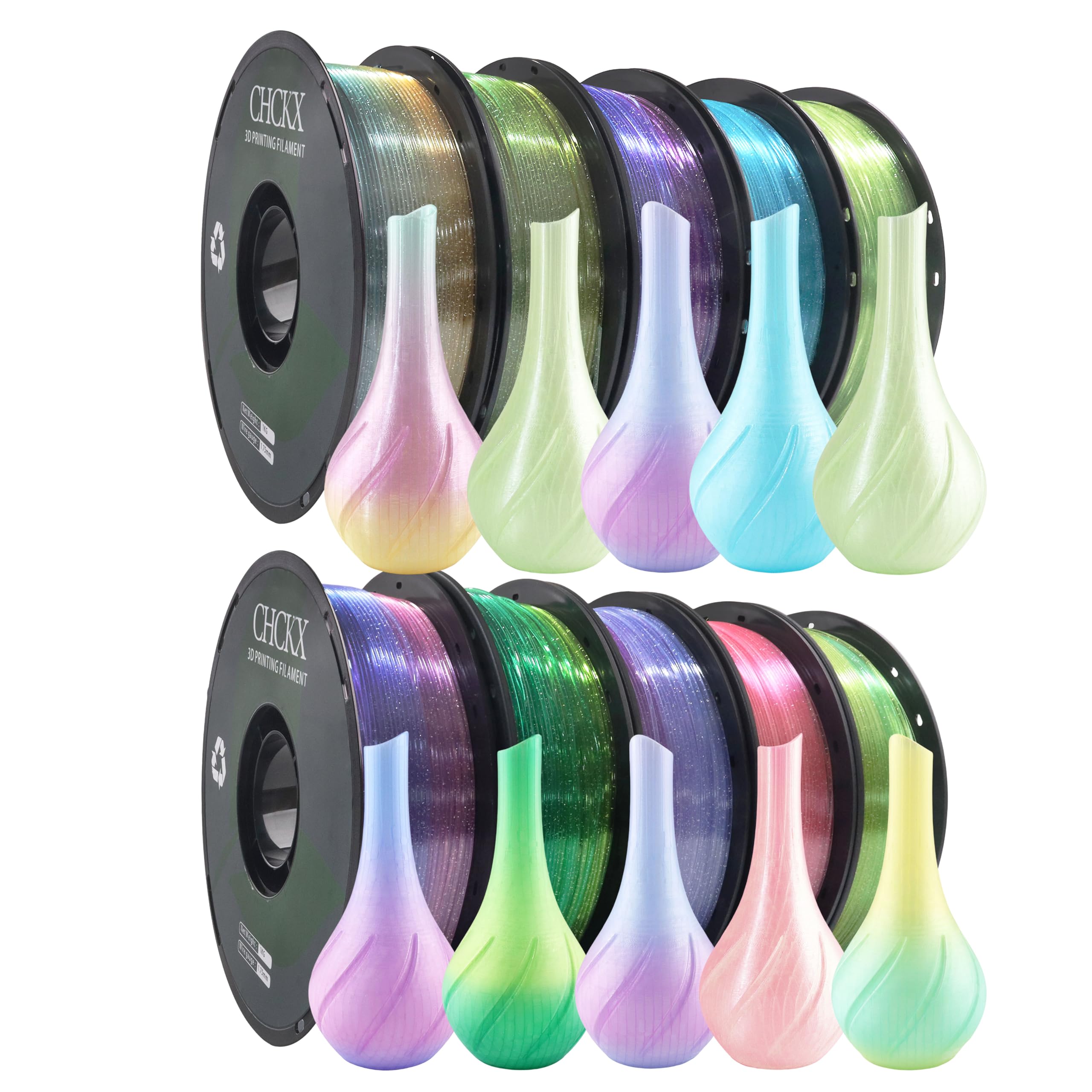 CHCKX Crystal Rainbow PLA 3D Printer Filament, Dimensional Accuracy +/- 0.02 mm, 1kg (2.2lbs), 1.75 mm, 10 Rolls Multicolor Asso