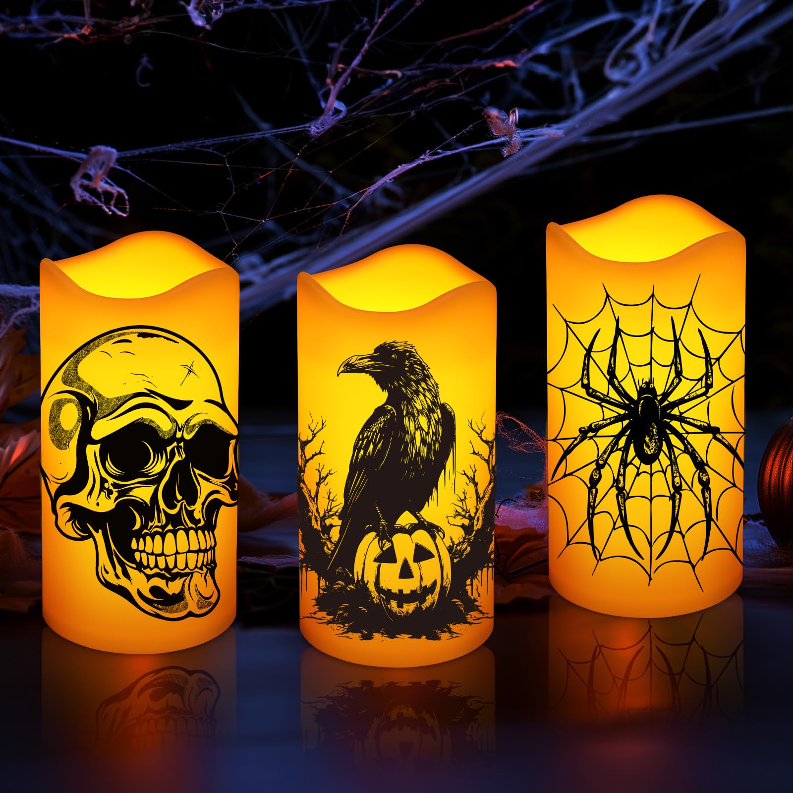 Halloween Decorations Indoor Flameless Candles Battery Operated Not Included Flickering Lights With Skull Spider Webs Crow Pumpk