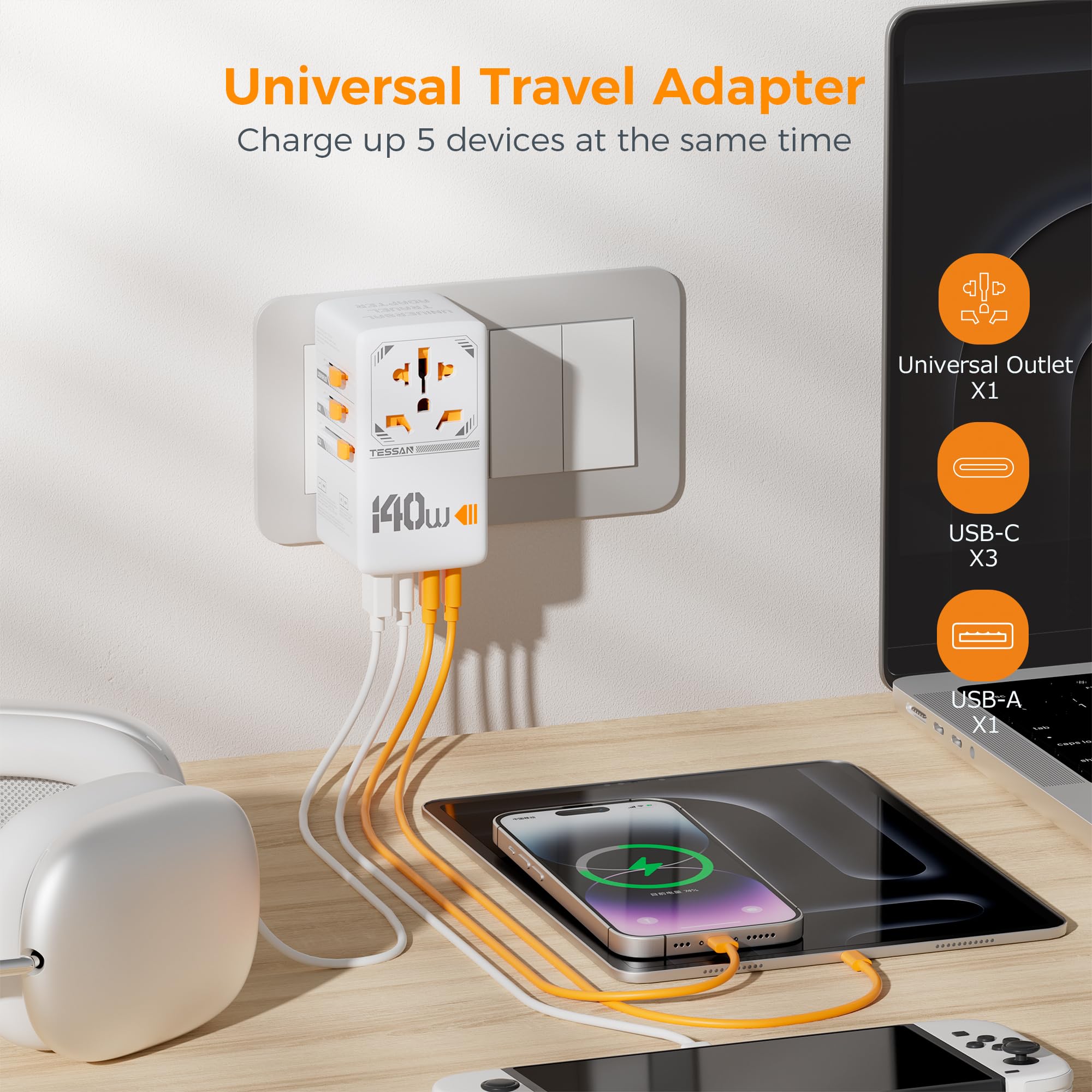 140W Gan Universal Travel Adapter, Tessan International Plug Adaptor With 1 Usb A And 3 Usb C Charging Ports, Worldwide Power Ou