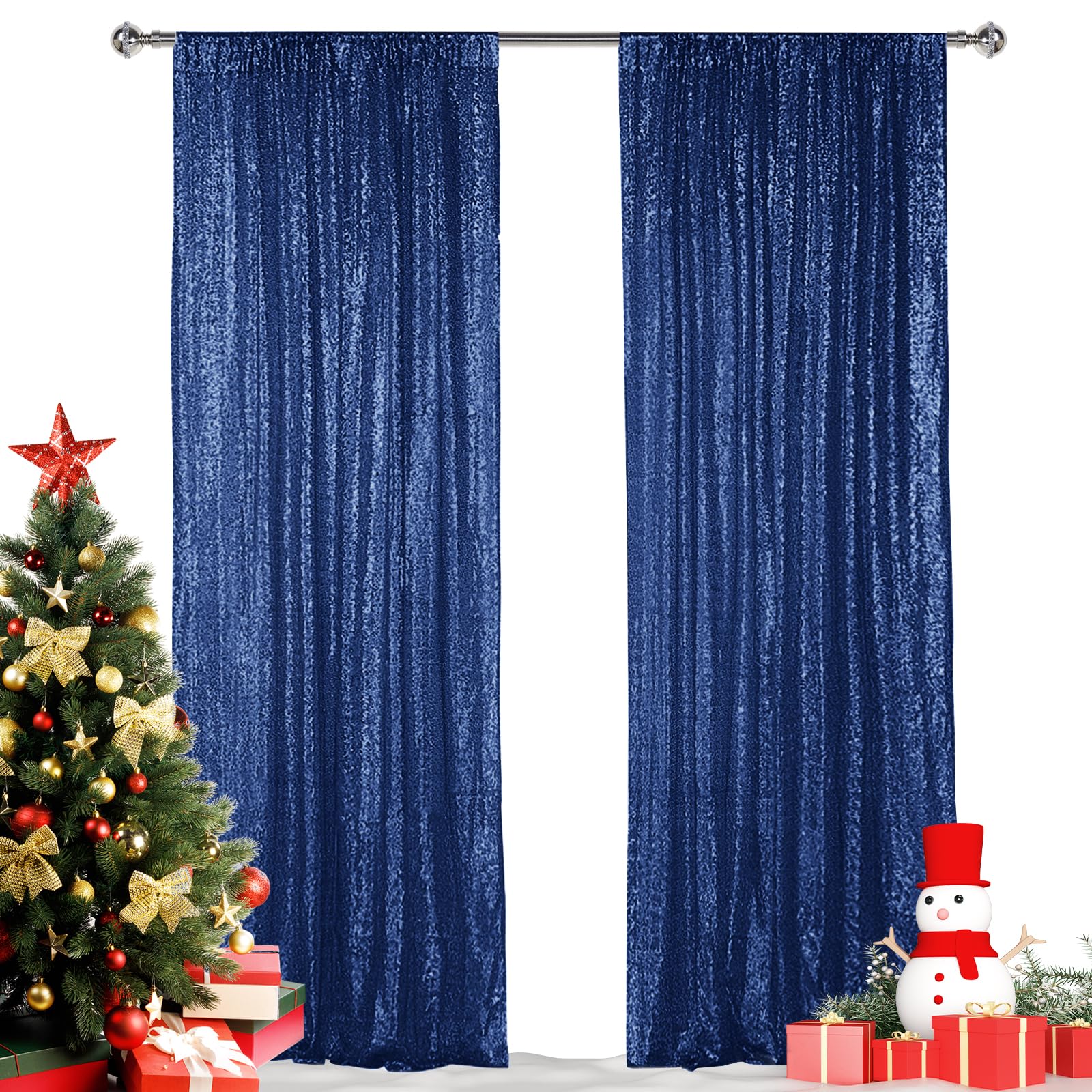 Hahuho Navy Sequin Backdrop Curtain, 2PCS 2FTx8FT Glitter Backdrop Curtain for Parties, Christmas, Wedding, Party Decoration(2 P