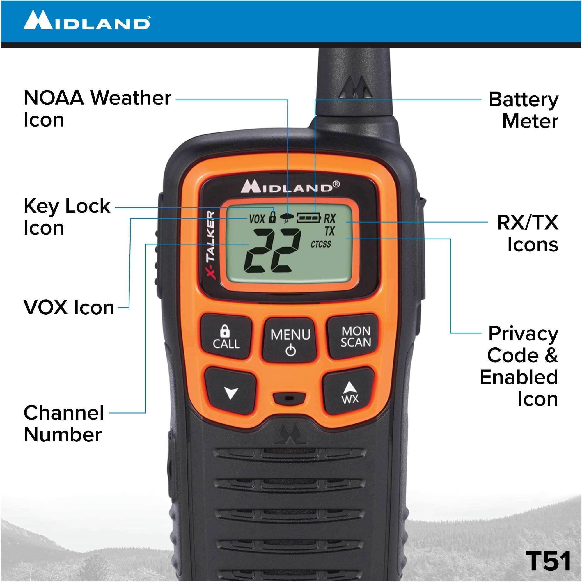 Midland T51Vp3 22 Channel Frs Walkie Talkie   Up To 28 Mile Range Two Way Radio   Orange/Black (Pack Of 10)