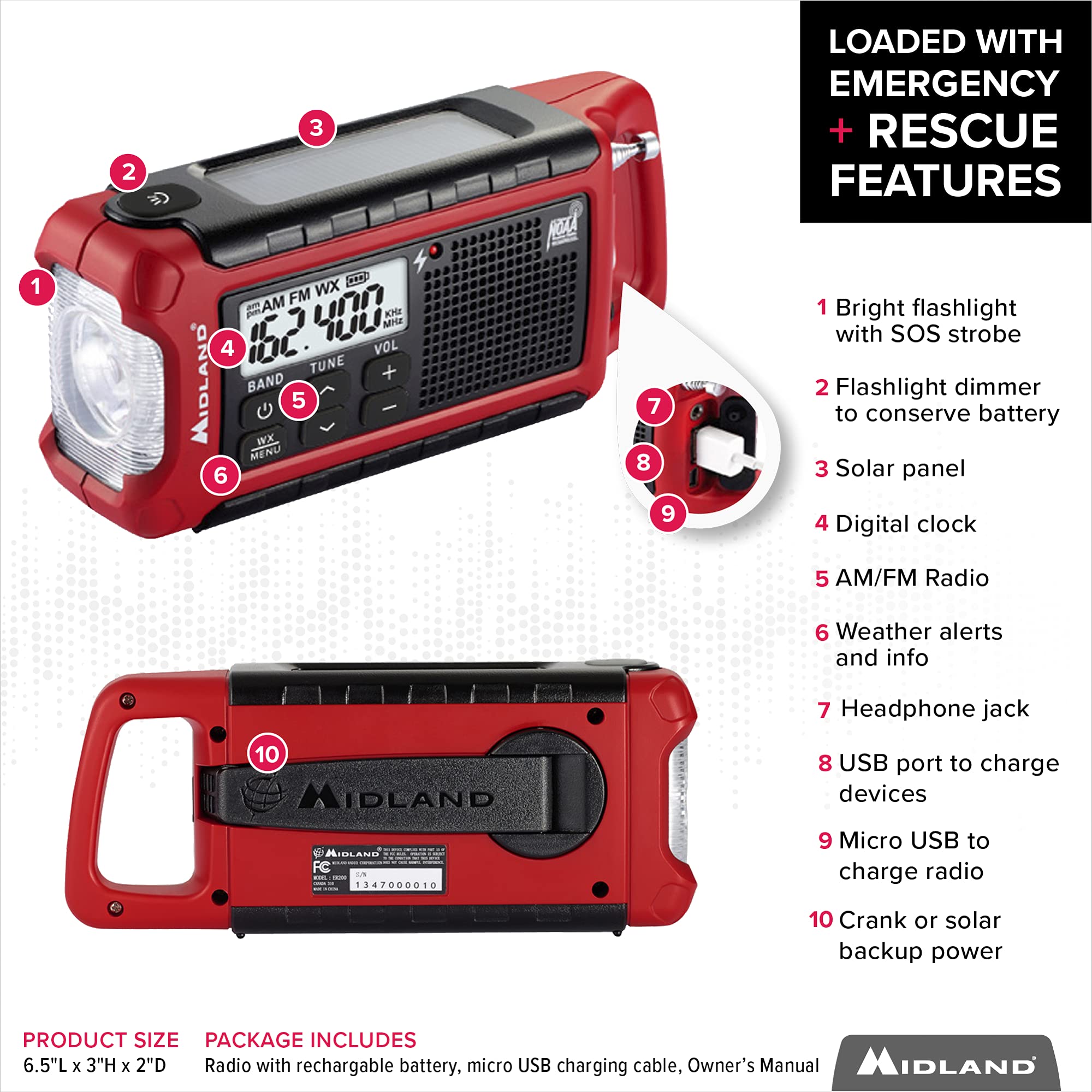 Midland   Er210 Emergency Compact Crank Weather Am/Fm Radio   Multiple Power Sos Emergency Flashlight, Noaa Weather Scan + Alert