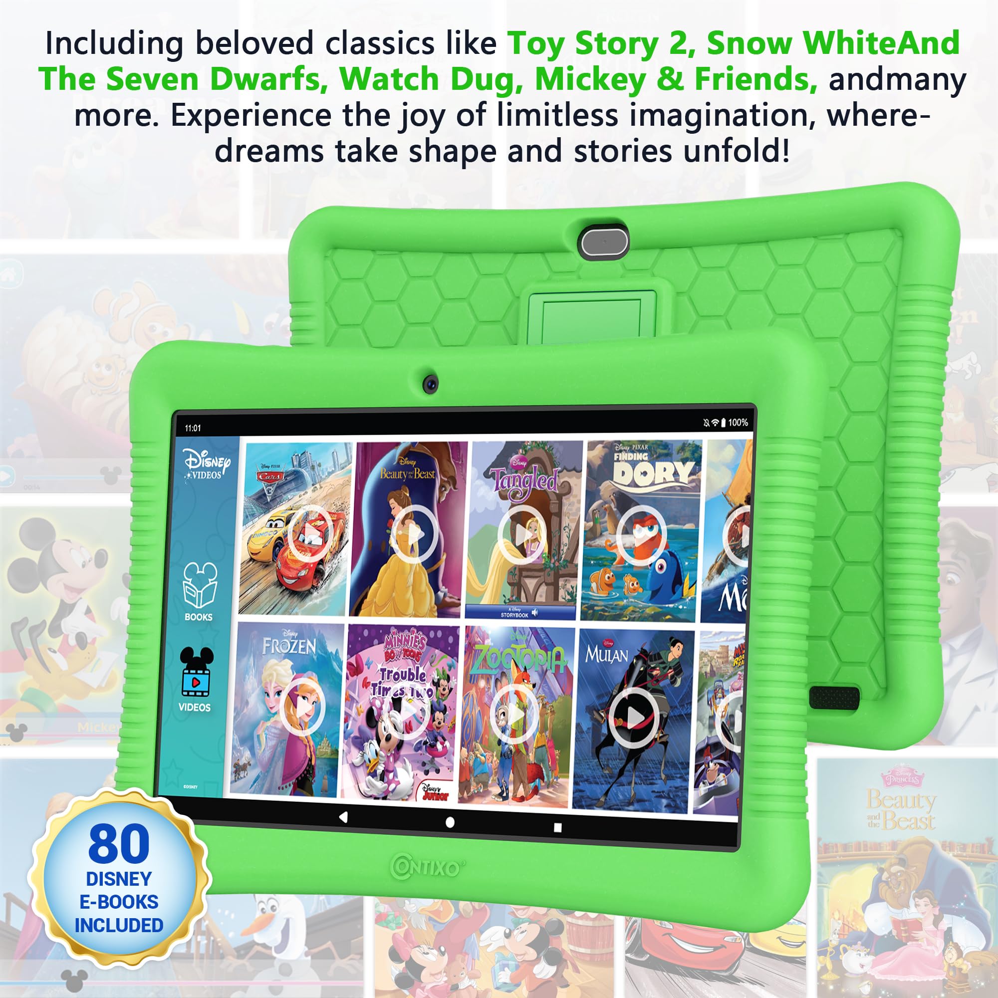 Contixo Kids Tablet K102 10 Inch Hd, Ages 3 7 Toddler Tablet, Parental Control, Android 10, 64Gb, Wifi, Learning Tablet For Children With Disney E Book Pre Installed, Kid Proof Case, Green