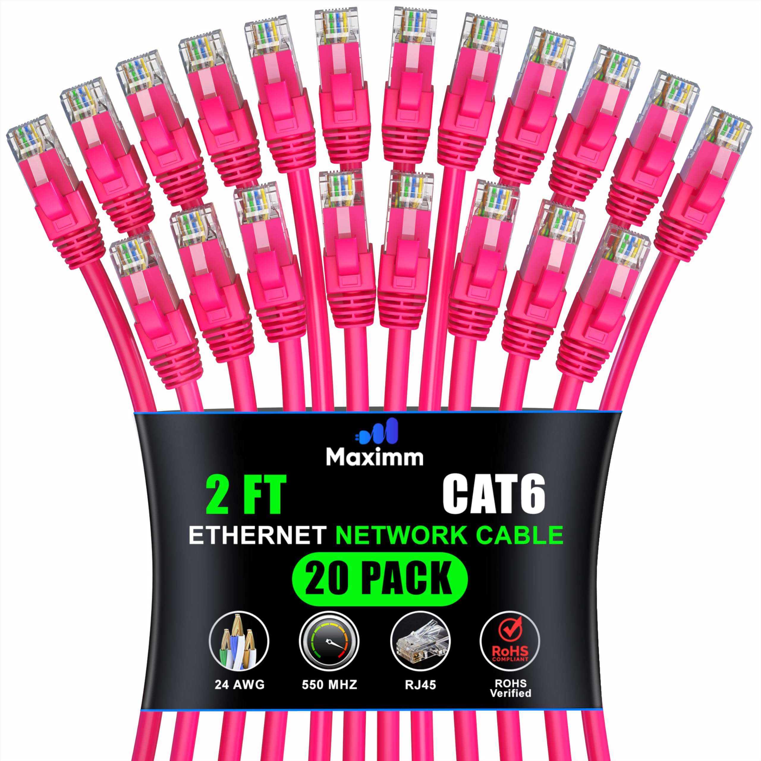 Maximm Cat 6 Ethernet Cable 2 Ft (20 Pack)   High Speed Lan Cable, Internet Cable, Patch Cable, And Network Cable   Utp, 10Gbps, 550Mhz Ethernet Cord   Pink