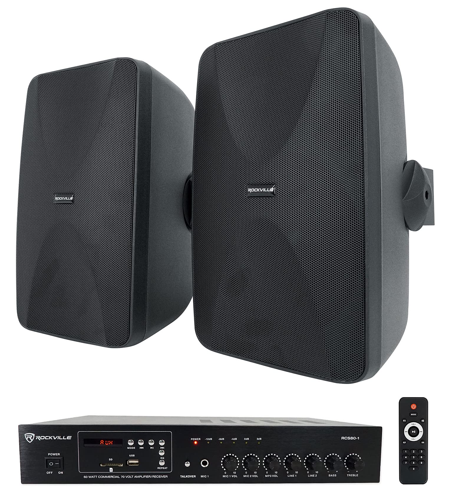 Rockville Restaurant Bundle: (2) WET-6525B Black 6.5 70V Commercial Wall Speakers, IP55 Outdoor Rating, RCS80-1 60-Watt 70V Blue