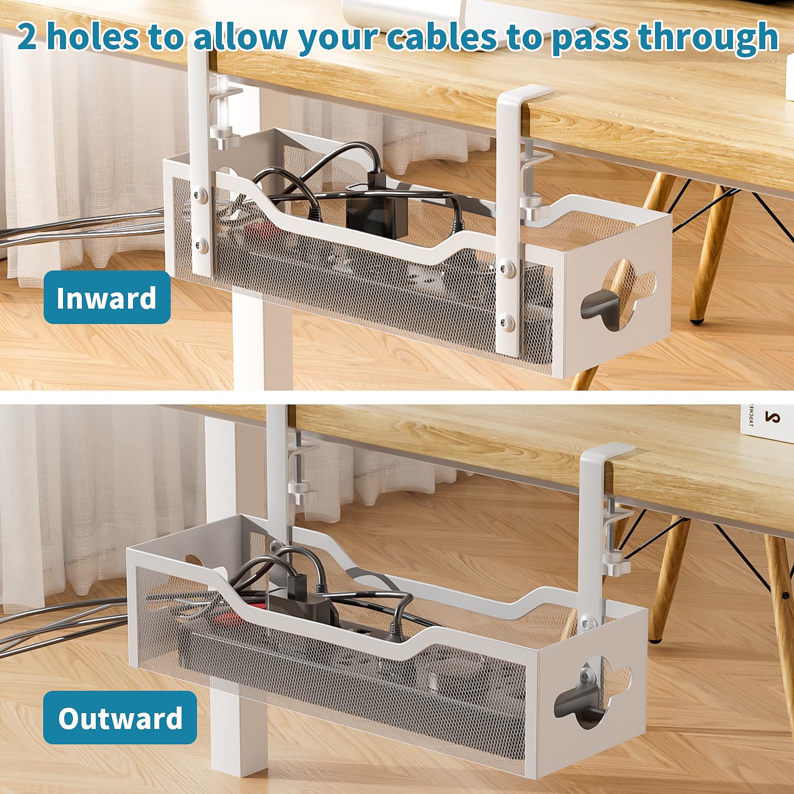 Litwaro Under Desk Cable Management Tray No Drill Clamp Mount Metal White for Cords