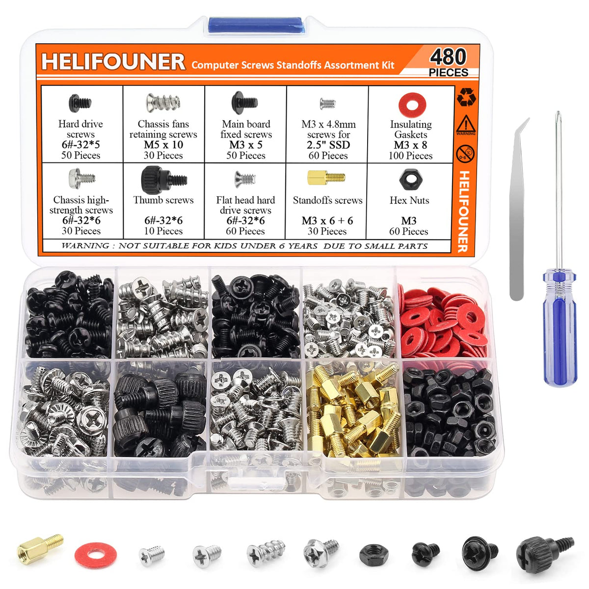 Helifouner 480 Pieces Computer Standoffs Screws Assorted Kit For 2.5'' Ssd, Hard Drive, Computer Case, Motherboard, Fan Power Gr