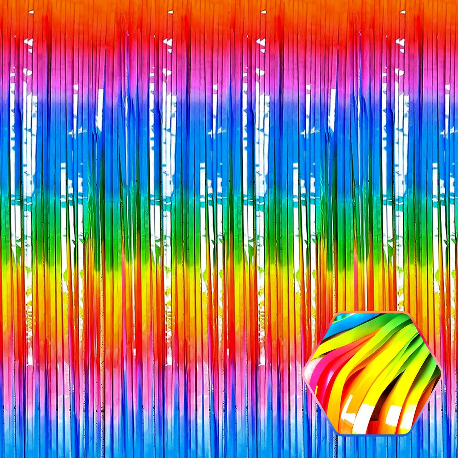 6 Pack Dark RainbowFoil Fringe Curtain Backdrop, 3.28Ft x 8.2Ft Metallic Tinsel Foil Fringe Streamer Curtains for Photo Booth, C