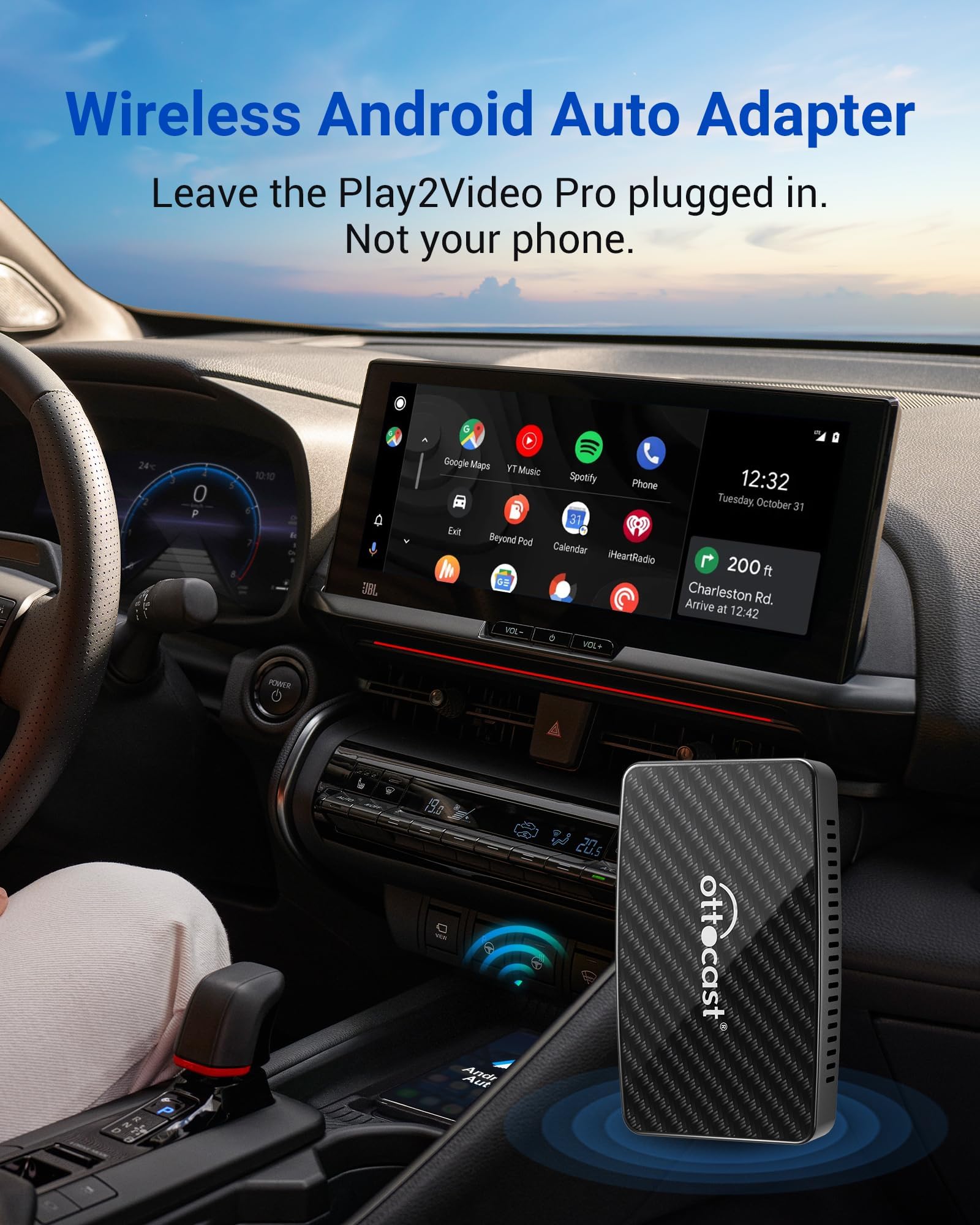 Ottocast Play2Video Pro   Wireless Carplay & Android Auto Adapter With Youtube, Netflix, Spotify, Iptv | 5Ghz Wifi, Auto Connect