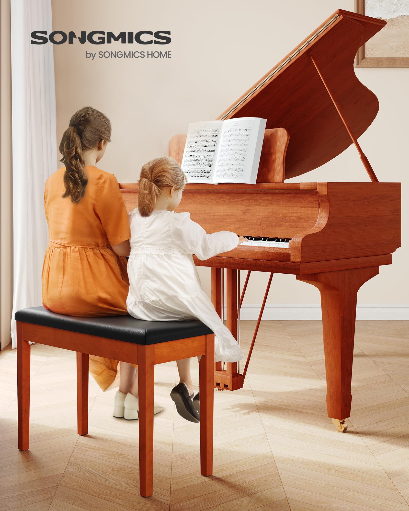 Songmics Duet Piano Bench With Padded Cushion And Storage Compartment, Piano Chair Seat, 13.4 X 29.1 X 19.7 Inches, Ink Black An