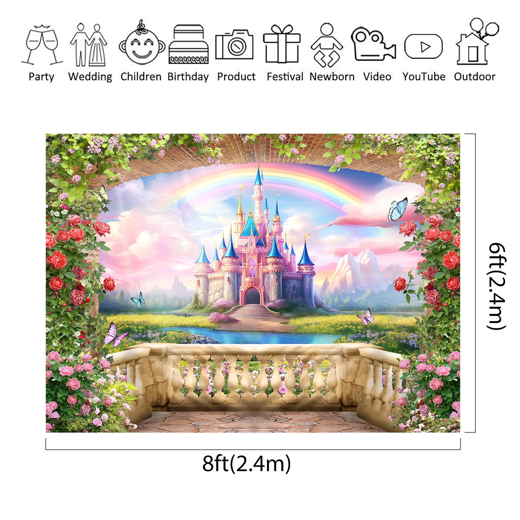 Riyidecor Pink Castle Backdrop Polyester Fabric Princess Flower Blossom Spring Floral Butterfly 8Wx6H Feet Fairy Fantasy Balcony