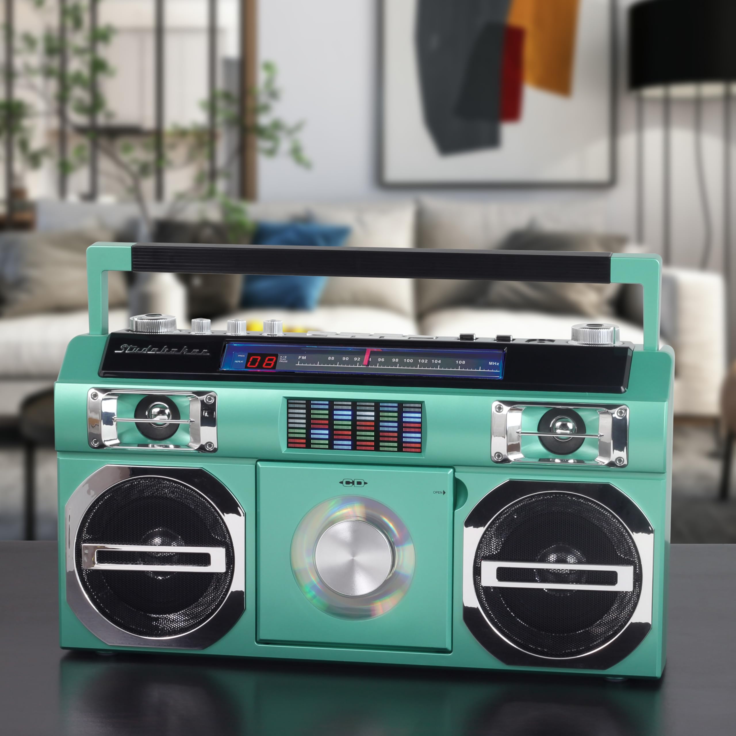 Studebaker Sb2145Te 80'S Retro Street Bluetooth Boombox With Fm Radio, Cd Player, Led Eq, 10 Watts Rms Power And Ac/Dc In Teal