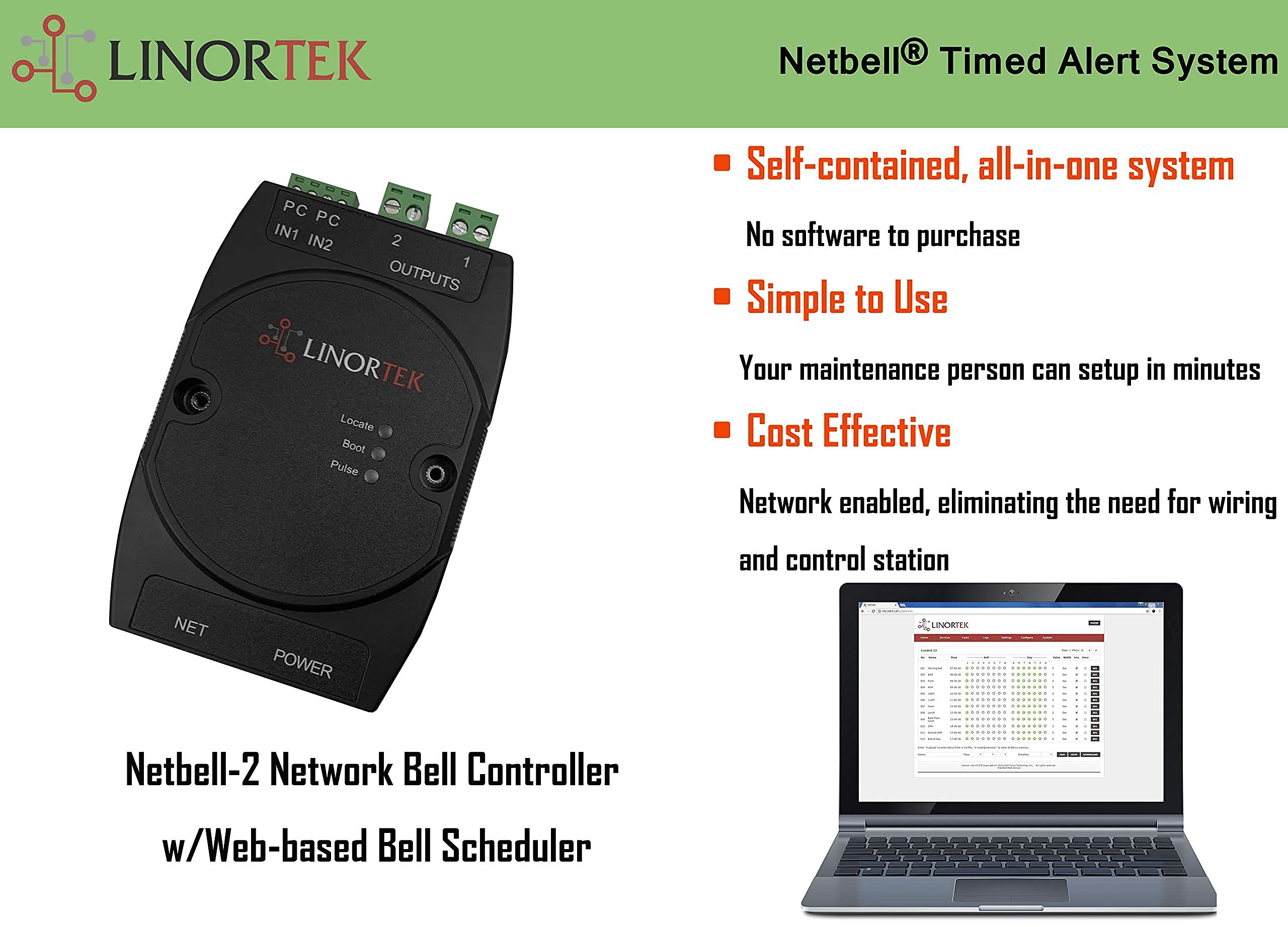 Netbell 2 Tcp/Ip Network And Poe Enabled Programmable Bell Timer Controller For 2 Zones, With Free Web Based Bell Scheduling Sof