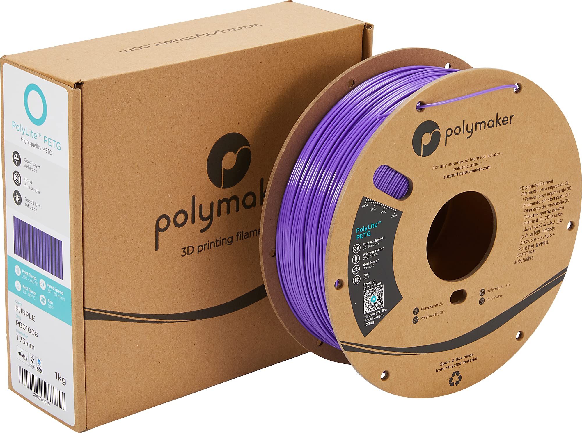 Polymaker Petg Filament 1.75Mm, 1Kg Strong Petg 3D Printer Filament Purple   Polylite Petg Purple 3D Printing Filament 1.75Mm, D