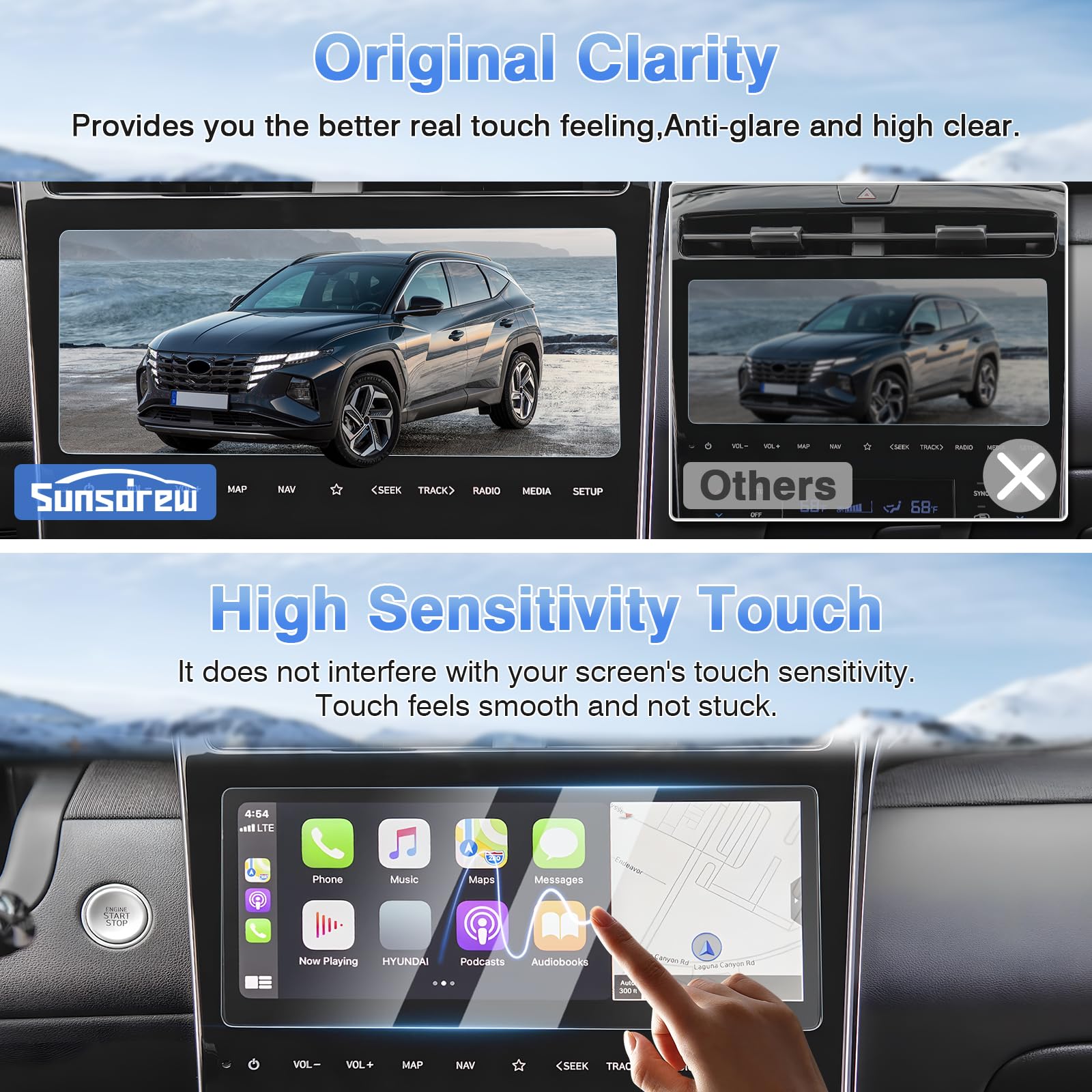 Sunsdrew 2Pcs Tucson Screen Protector For 2022 2024 Hyundai Tucson(Nx4/Se/Sel/Xrt/N Line/Limited)/Santa Cruz 10.25 Inch Touchscreen Protector,9H Tempered Glass Anti Glare Tucson Hybrid Accessories