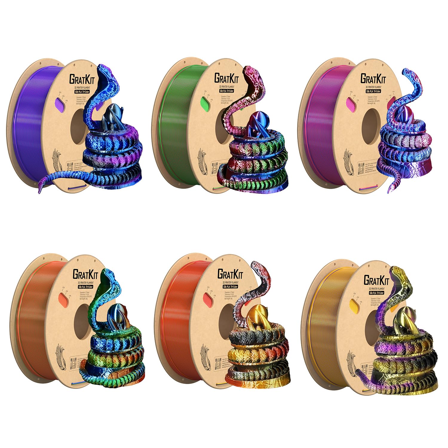 Gratkit Silk Tri-Color PLA Filament,Coextrusion PLA Filament 1.75mm, +/-0.03mm, 6 * 1KG/Roll, Silk PLA Tri Color Multicolor 6KG 