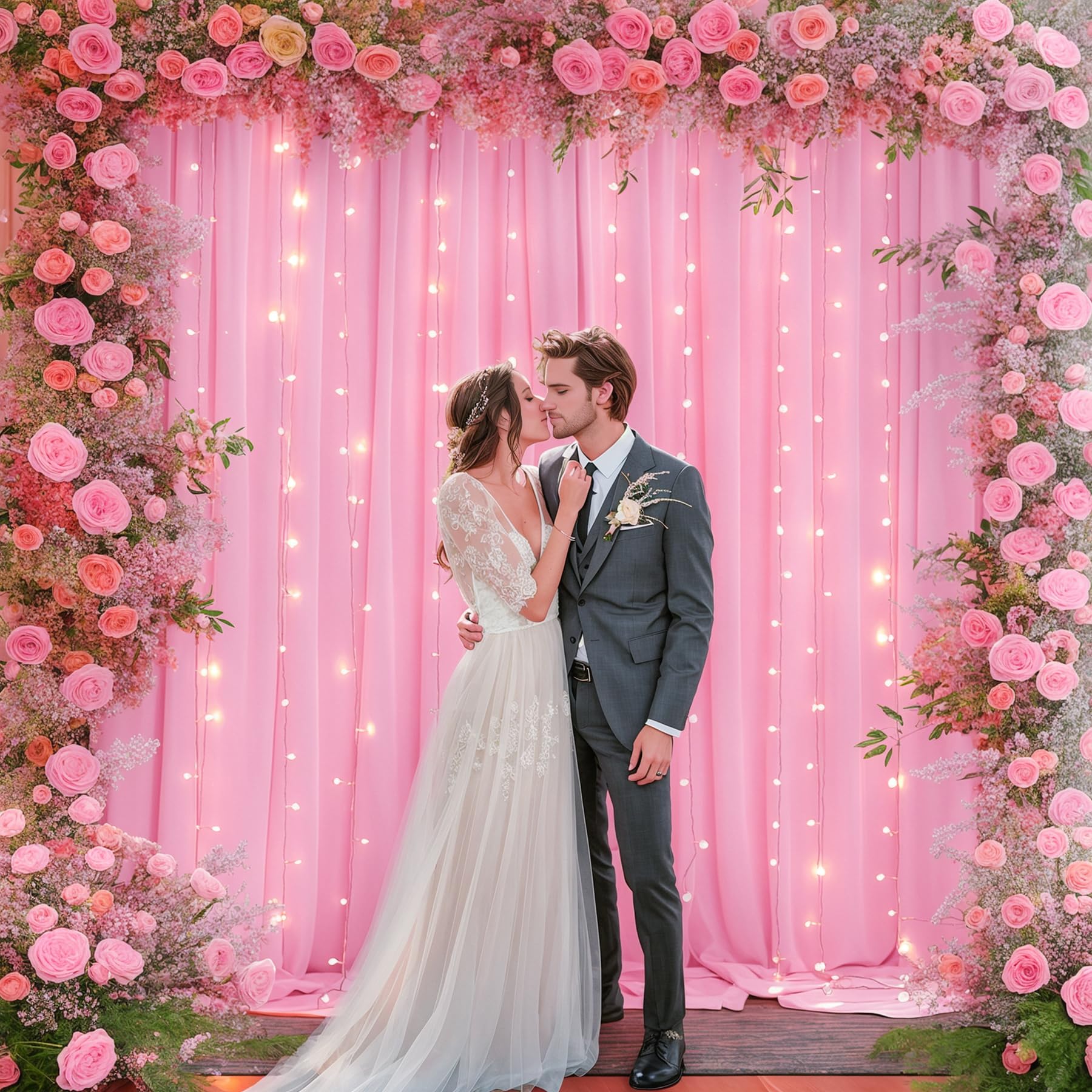 10X10Ft Pink Backdrop Curtains With Lights String For Baby Shower Parties, Wrinkle Free Curtains Backdrop Drapes For Wedding Gir