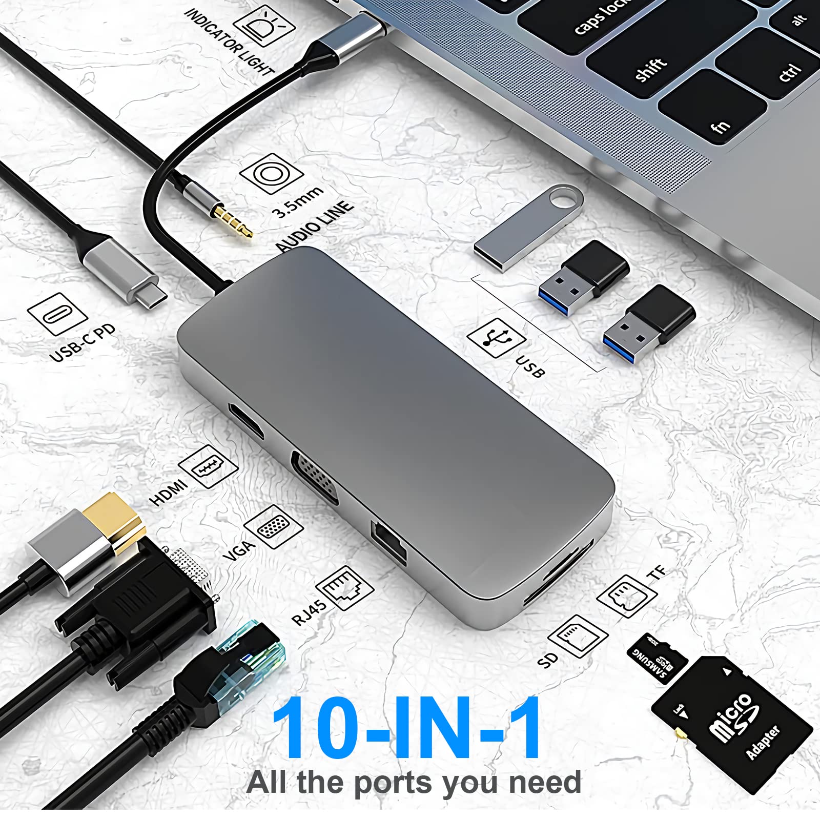 SZPACMATE 10-in-1 USB C Hub Docking Station 4K HDMI PD RJ45 Ethernet Aluminum