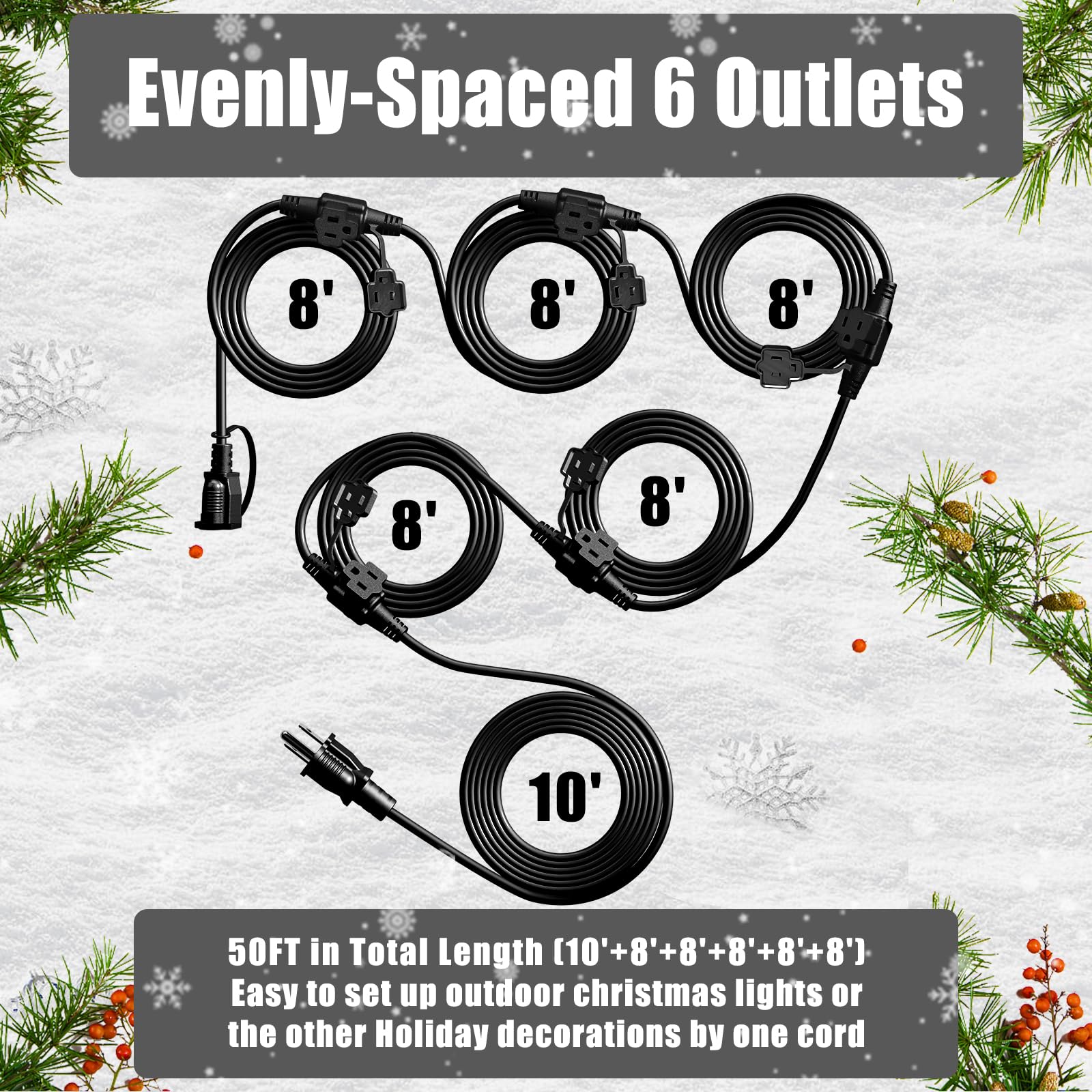Eversimpleinc Black Outdoor Extension Cord With Multiple Outlets, (50Ft 6 Outlets) Evenly Spaced With Weatherproof Cover, Ideal