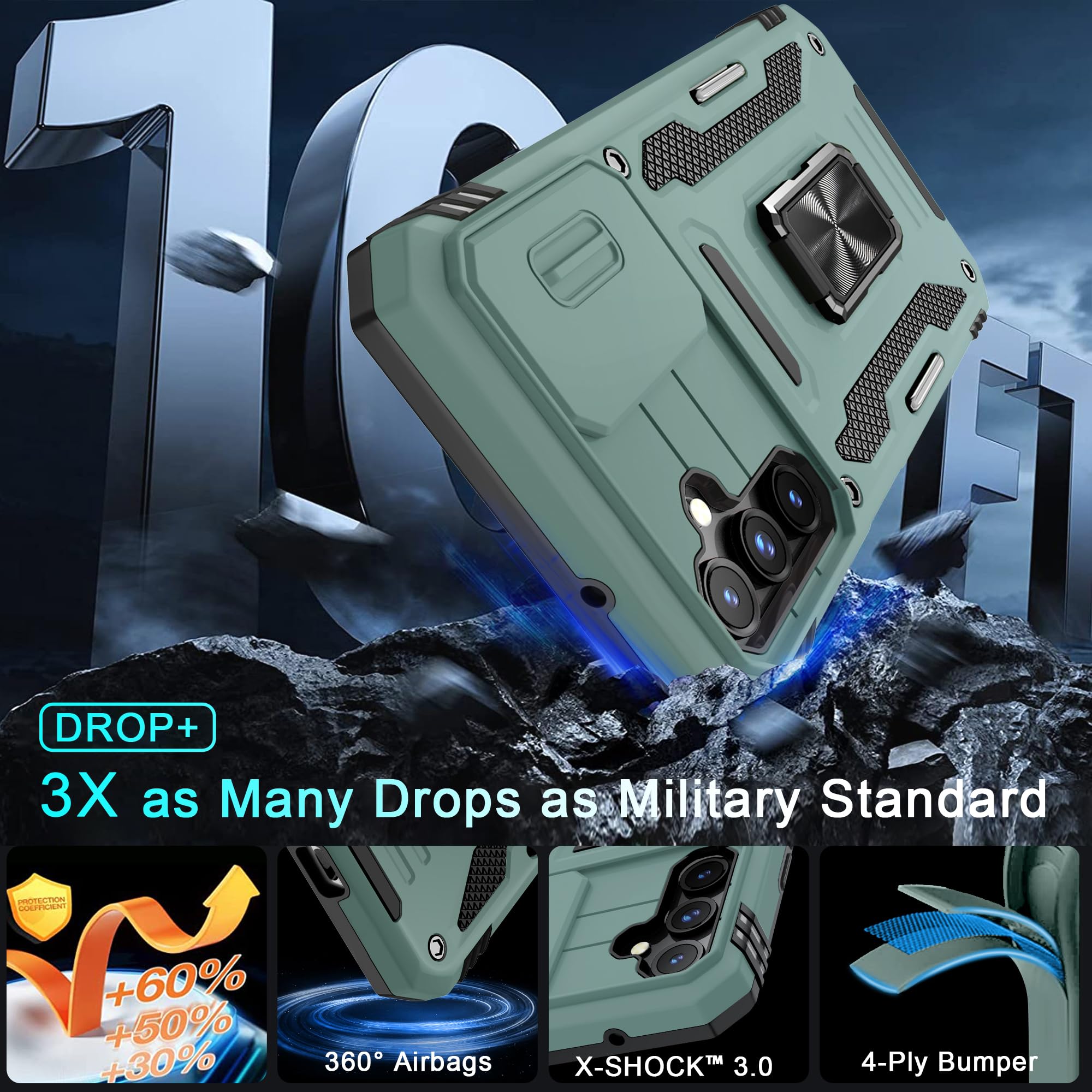 Deerlamn Case For Samsung Galaxy S23 Fe With Slide Camera Cover+Screen Protector(1 Pack),Rotated Ring Kickstand Military Grade S