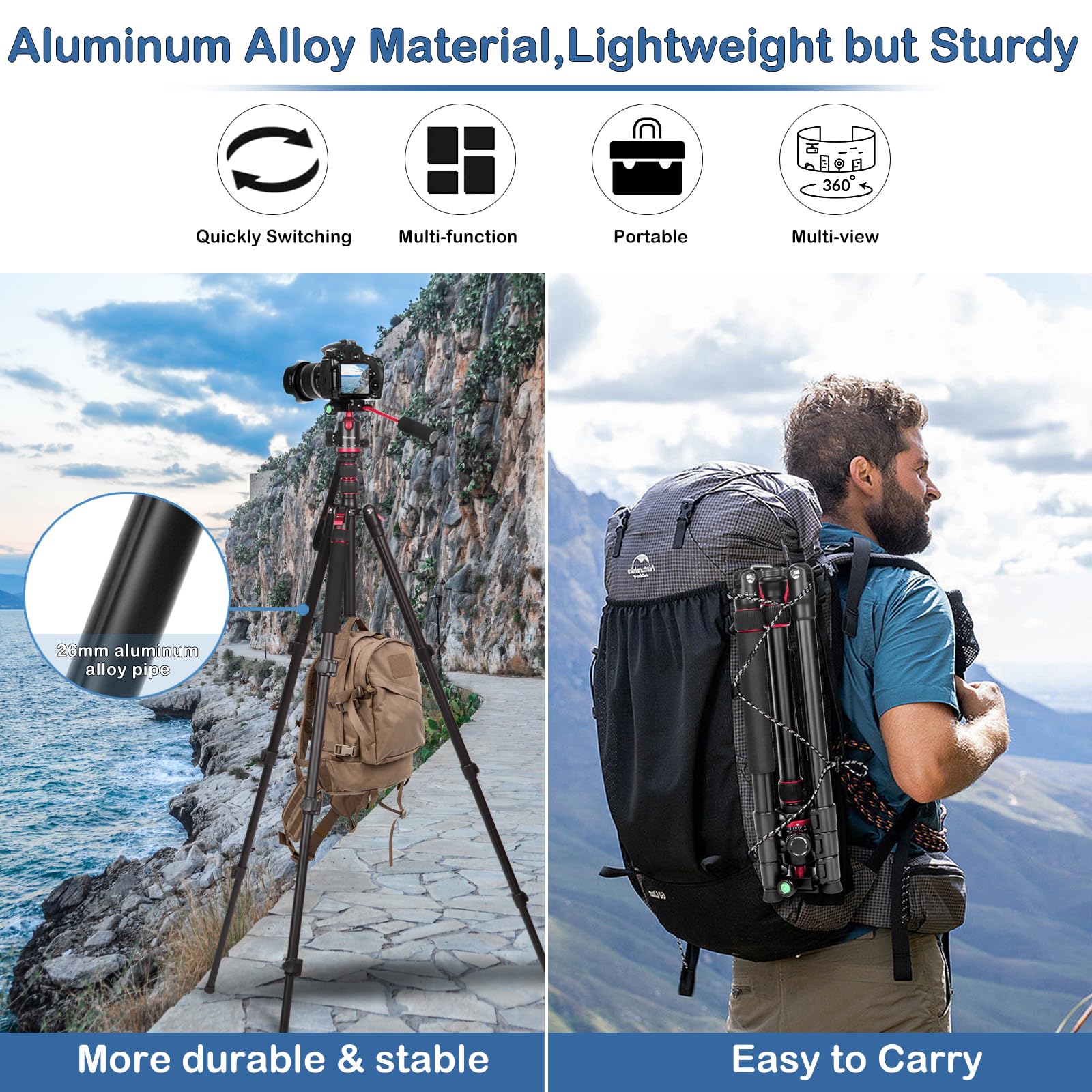 2 In1 Lightweight Video Camera Tripods  68'' Tripod For Camera And Camcorder  360 Ball Head Tripod With Removable Handle  Extra