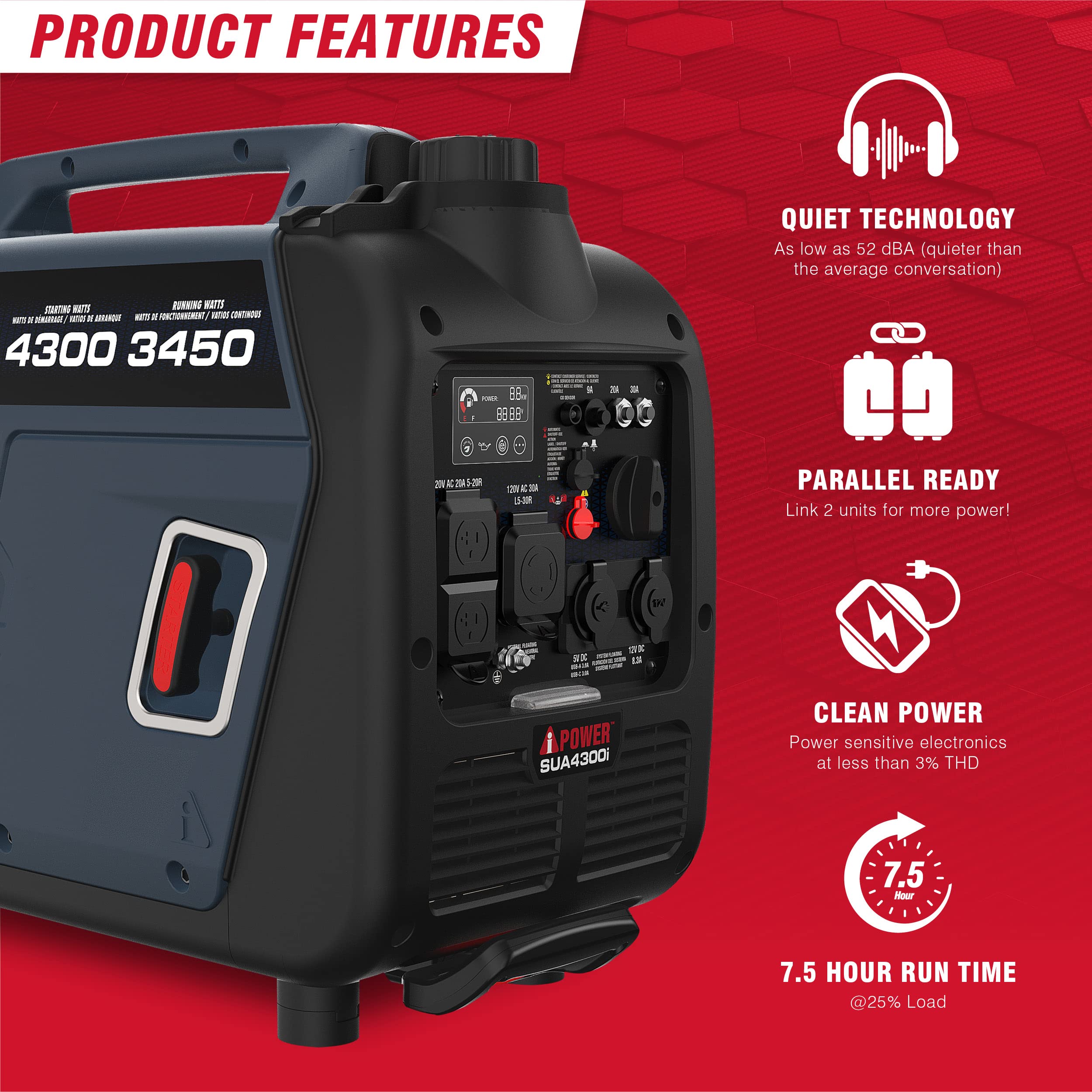 A Ipower Portable Inverter Generator Gas, 4300W Rv Ready, Epa & Carb Compliant Co Sensor, Portable Light Weight With Telescopic