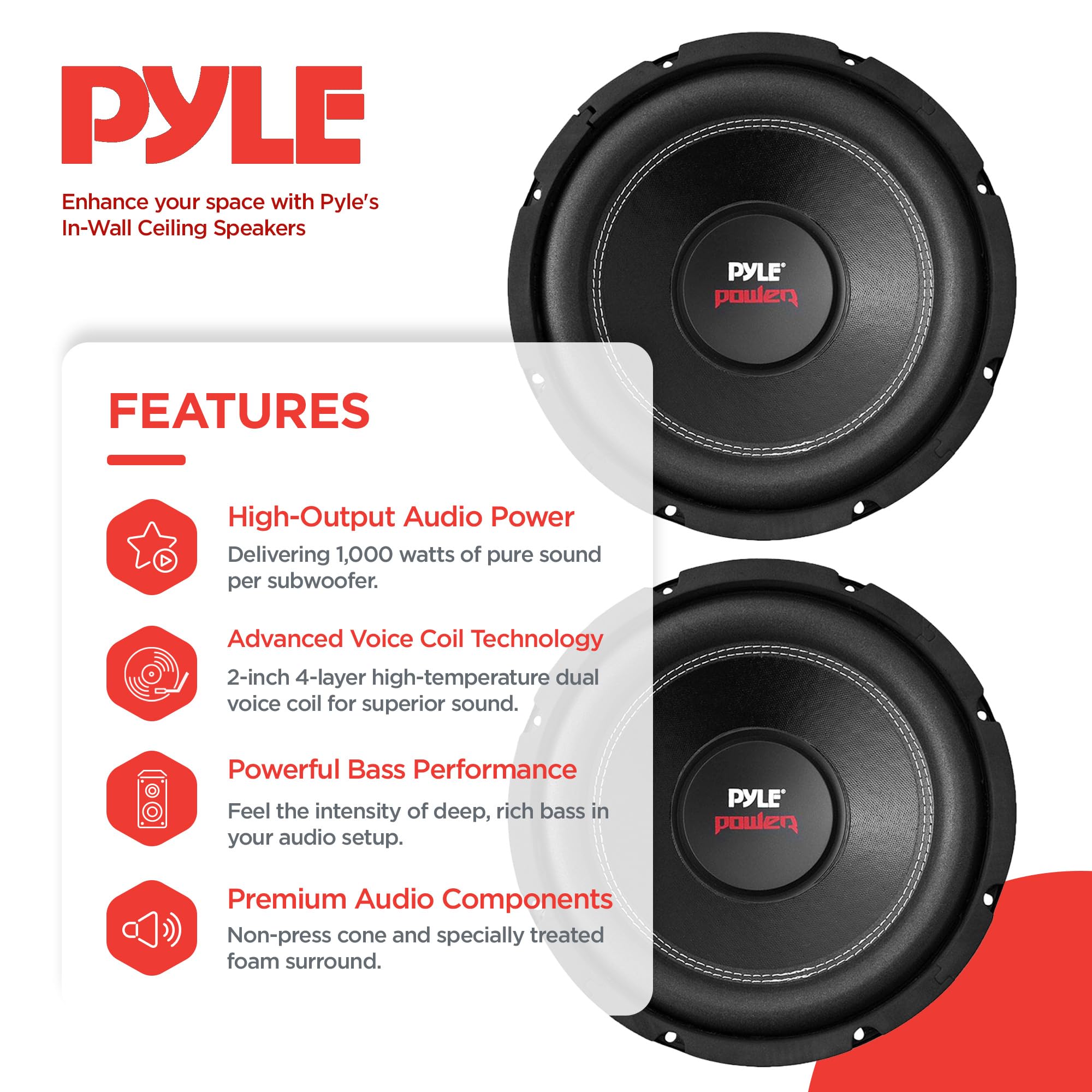 Pyle Plpw10D 10'' 2000W Car Subwoofer Audio Power Subs Woofers Dvc 2 Pack With Black Steel Basket, Non Press Paper Cone And 4 Oh