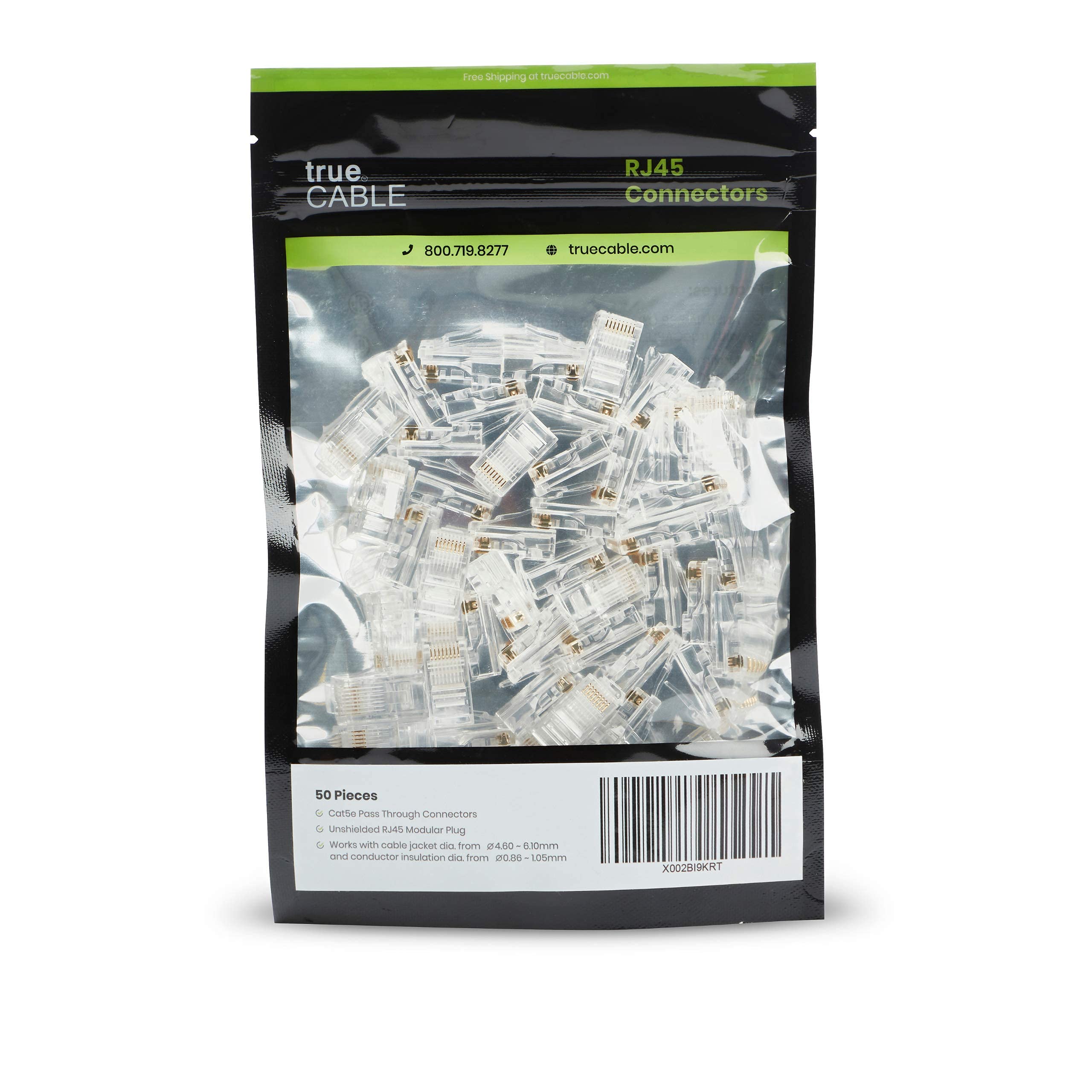 Truecable Cat5E Rj45 Pass Through Connectors, Unshielded (Utp) Modular Plug, Ul Listed, Ez Crimp End, Gold Plated 3 Prong 8P8C, 50 Pieces