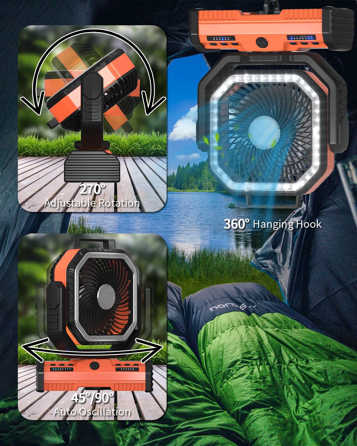 Adust 12 Inch Camping Battery Operated Powered Fan With Led Lantern Light,44000Mah Rechargeable Portable Oscillating Fan With 36