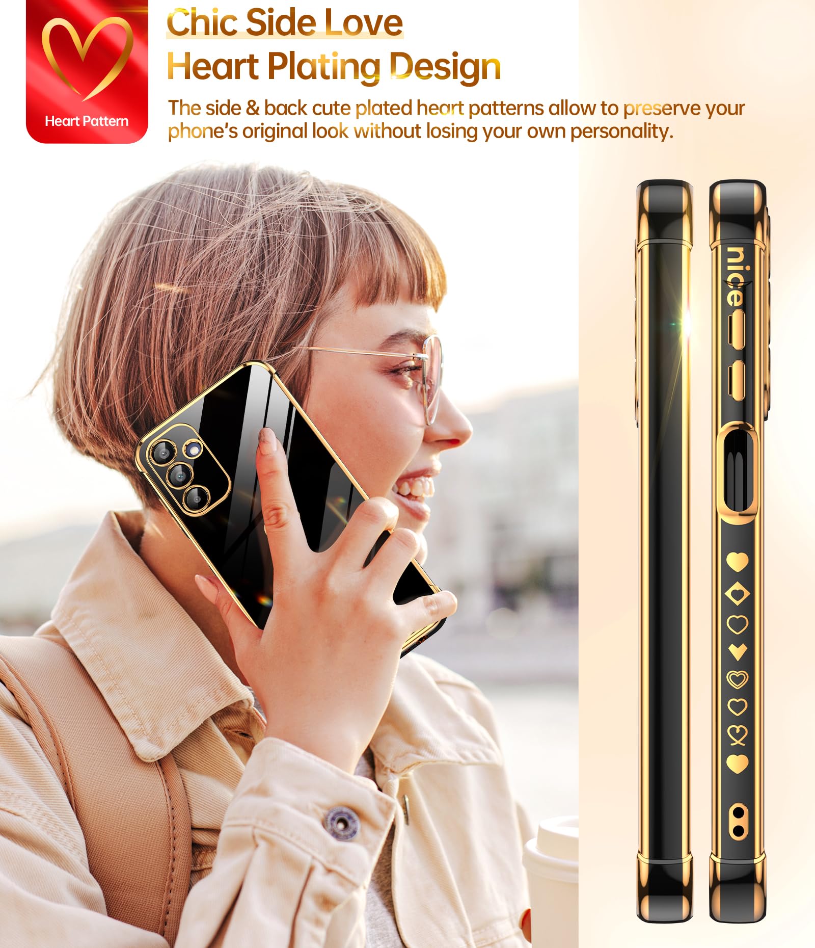 Leyi For Galaxy A15 5G Phone Case: With Tempered Glass Screen Protector [2 Pcs]+ Full Camera Lens Protection, Love Heart Plating