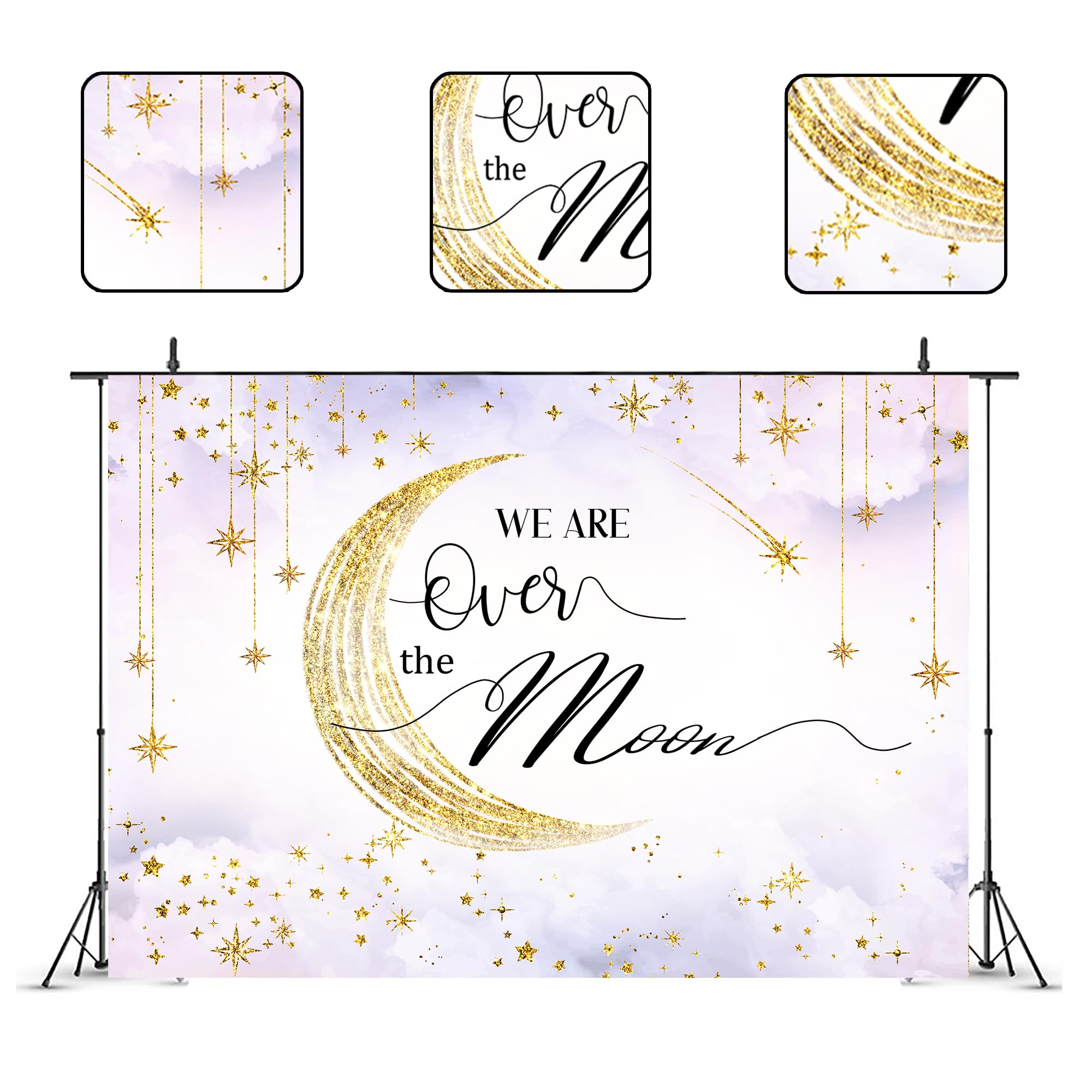 Glawry Over The Moon Baby Shower Decorations Backdrop 7Wx5H Feet Purple Watercolor Boho Stars Starry Gold Dots Celestial Girl Ba