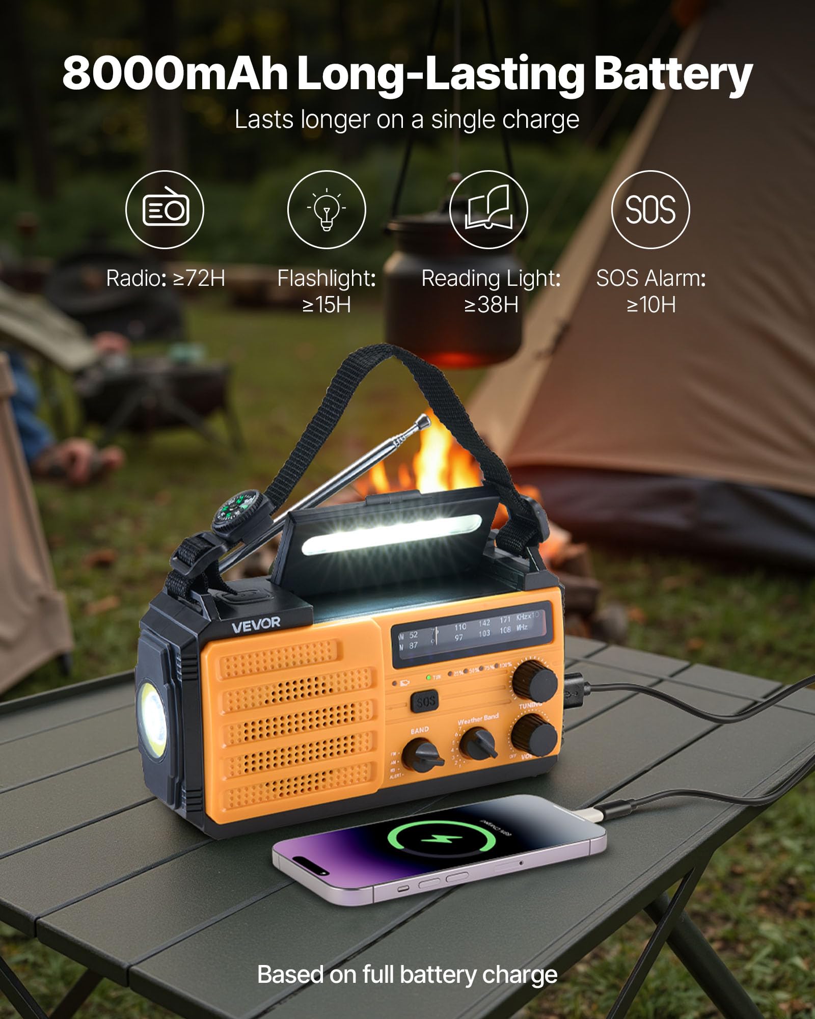 Vevor Emergency Weather Radio, 8000Mah Battery, Fm/Am/Wb/Noaa Alert Solar Hand Crank Emergency Radio, Type-C Charging, Usb Cable