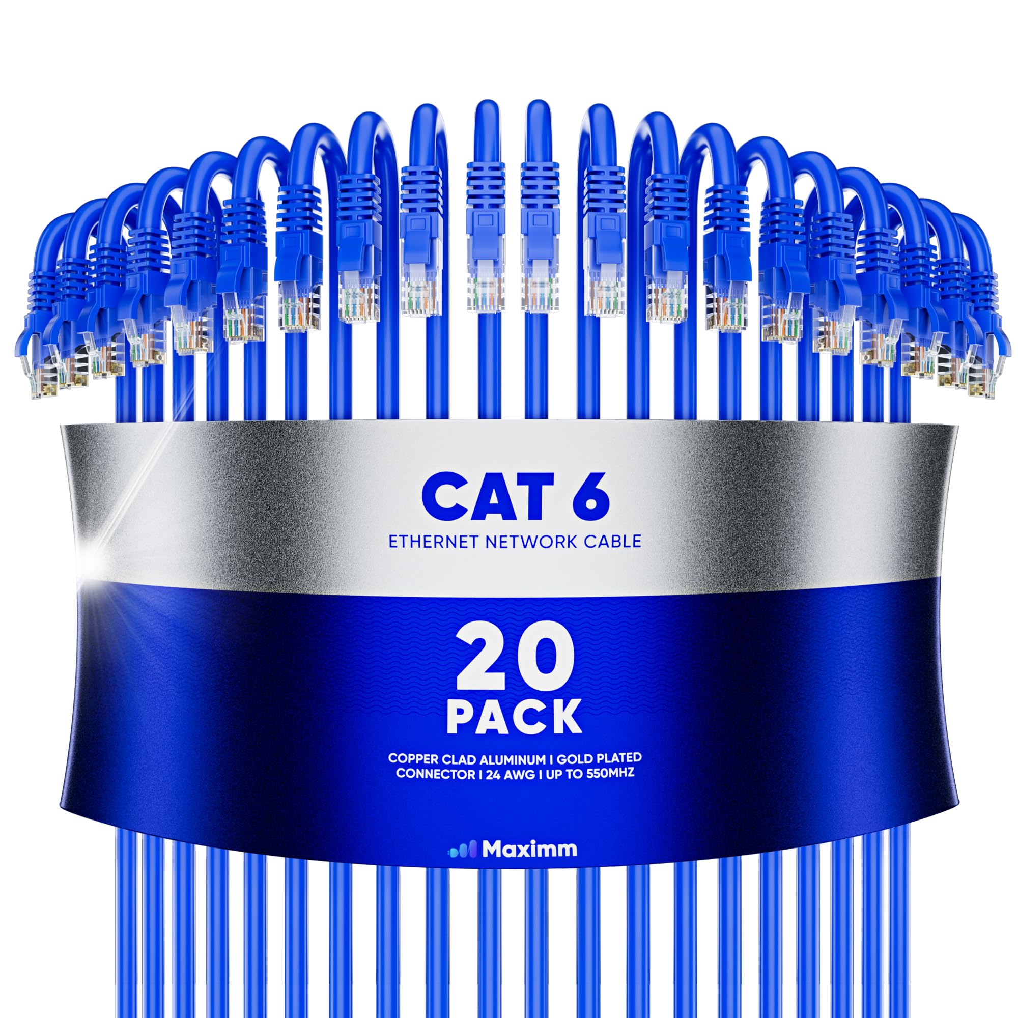 Maximm Cat 6 Ethernet Cable 1.5 Ft (20 Pack)   High Speed Lan Cable, Internet Cable, Patch Cable, And Network Cable   Utp, 10Gbps, 550Mhz Ethernet Cord   Blue
