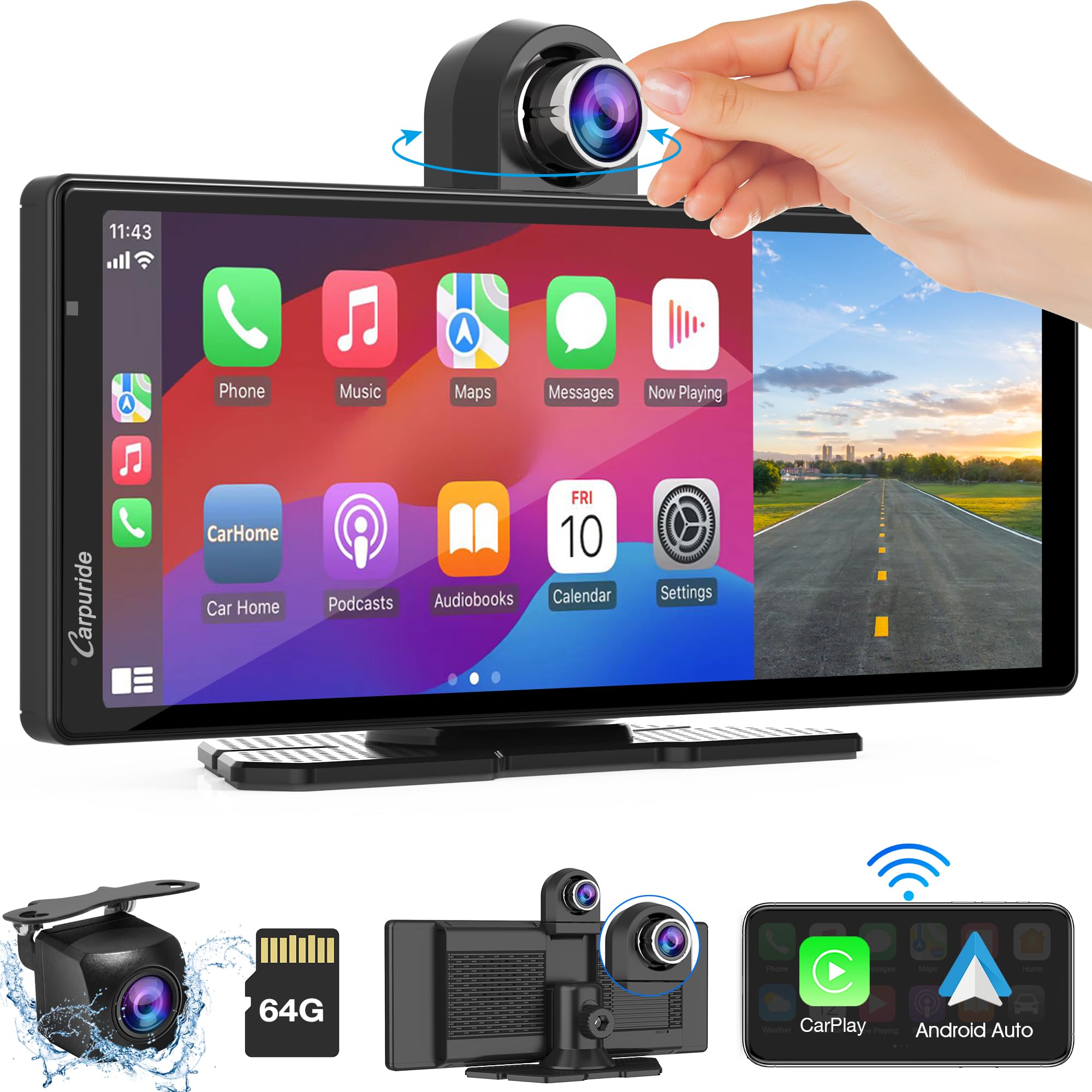 2024 Carpuride W903 Portable Carplay & Android Auto With Dash Cam   9.3' Hd Ips Screen, 4K Front &1080P Rear Cam, Loop Recording, Bluetooth, Mirror Link, Gps, Siri, Dashboard Mounted