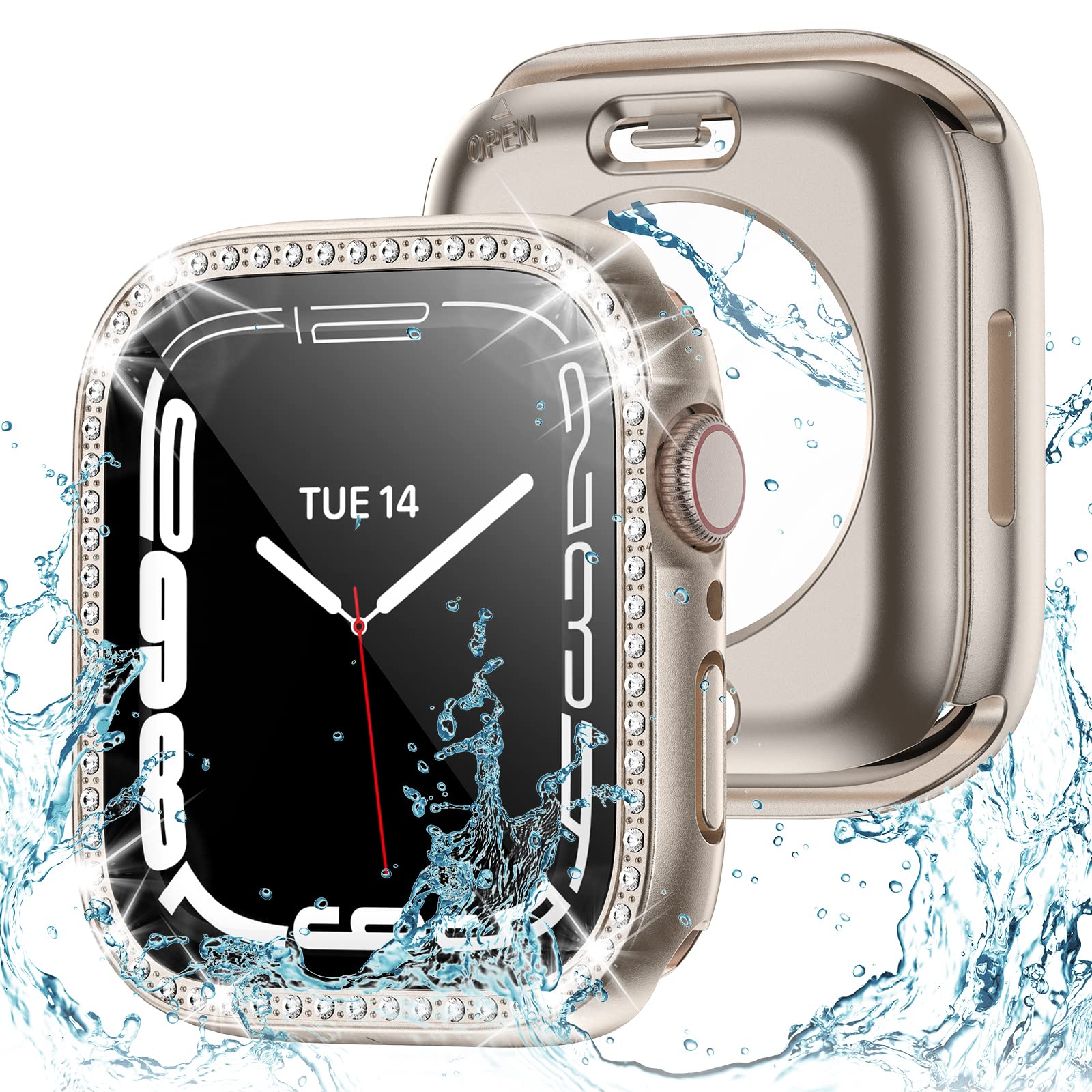 2 In 1 Bling Waterproof Case For Apple Watch Series Se 6 5 4 44Mm, 360 Protective Pc Cover Front & Back Bumper With Tempered Gla