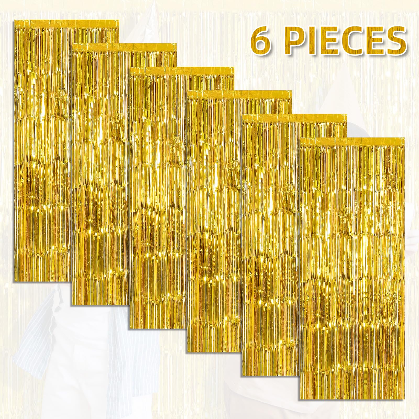 6 Pack Foil Fringe Backdrop Curtains, 3.28 X 8.2 Ft Gold Tinsel Streamers Metallic Tinsel Foil Fringe Curtains Photo Booth Backd
