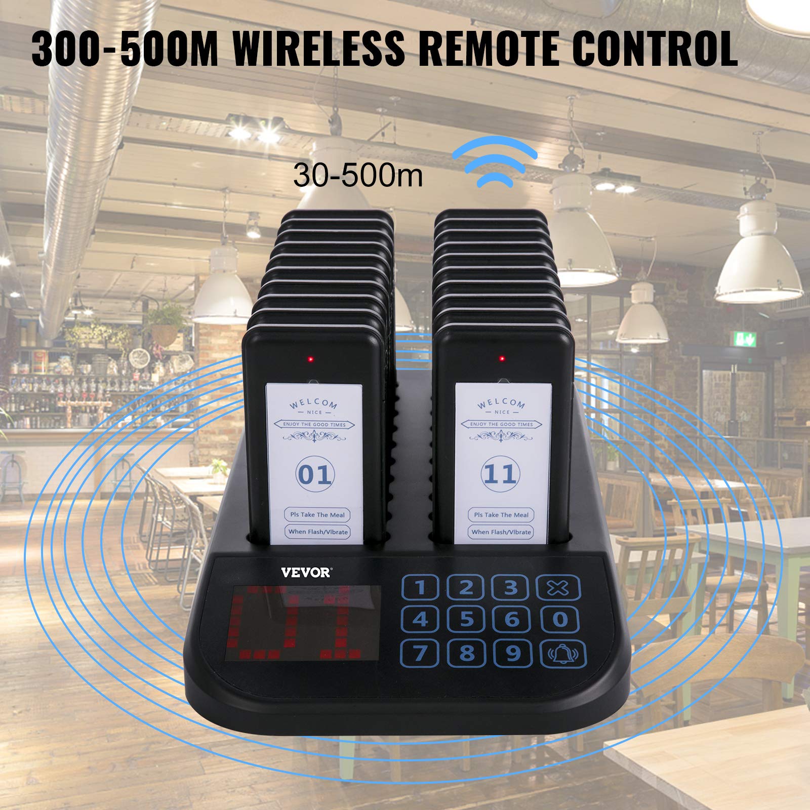 Vevor F103 Restaurant Pager System 20 Pagers, Max 98 Beepers Wireless Calling System, Touch Keyboard With Vibration, Flashing An