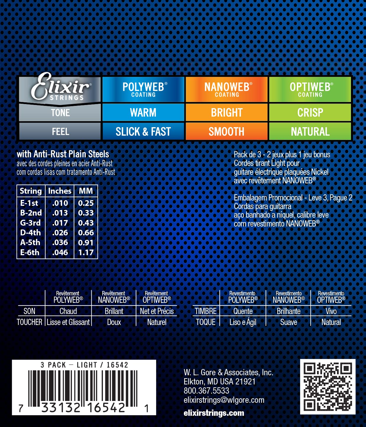 Elixir Strings 16542 Electric Guitar Strings With Nanoweb Coating, 3 Pack, Light (.010 .046)