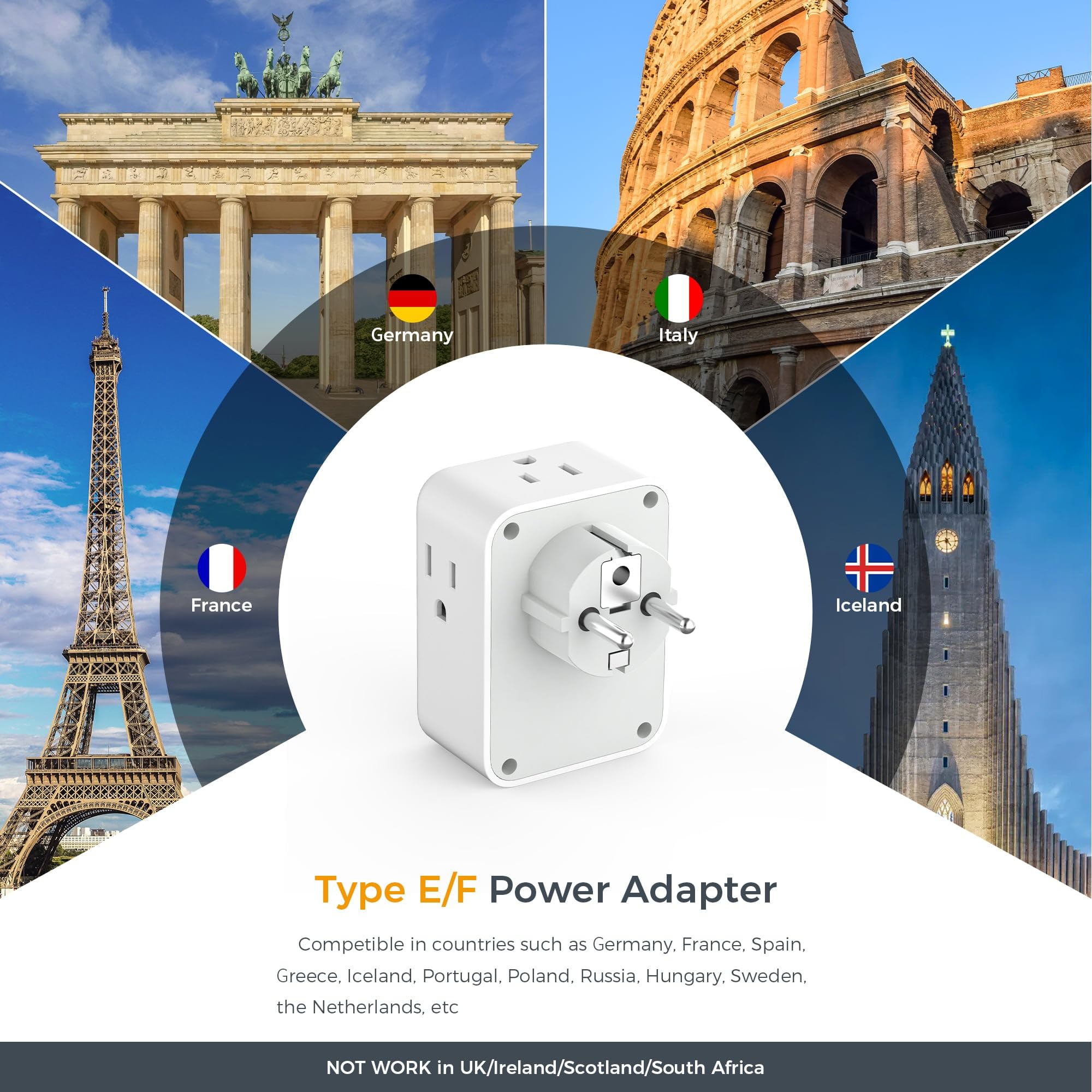 Tessan Germany France Travel Power Adapter, Schuko Plug Adaptor With 4 Outlets 3 Usb (1 Usb C Port), Type E/F Plug For Us To Eur