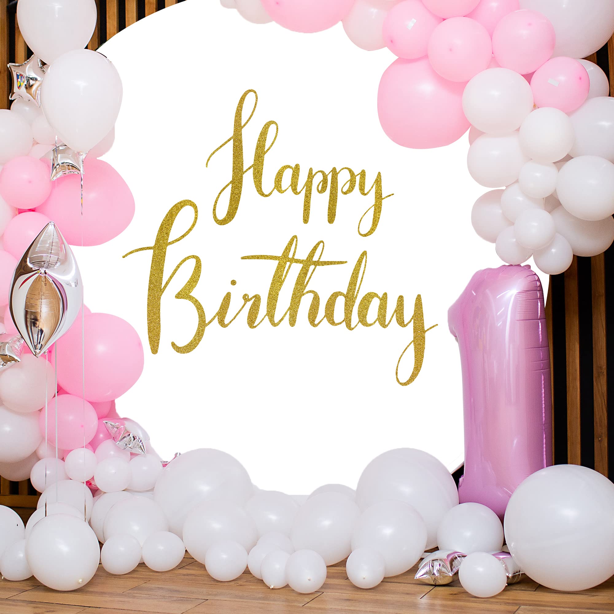 Jditngp Happy Birthday Sign Round Backdrop Cover 6.5Ft,White Circle Background Cover With 4Clips, Round Backdrop Cover Gold Happ