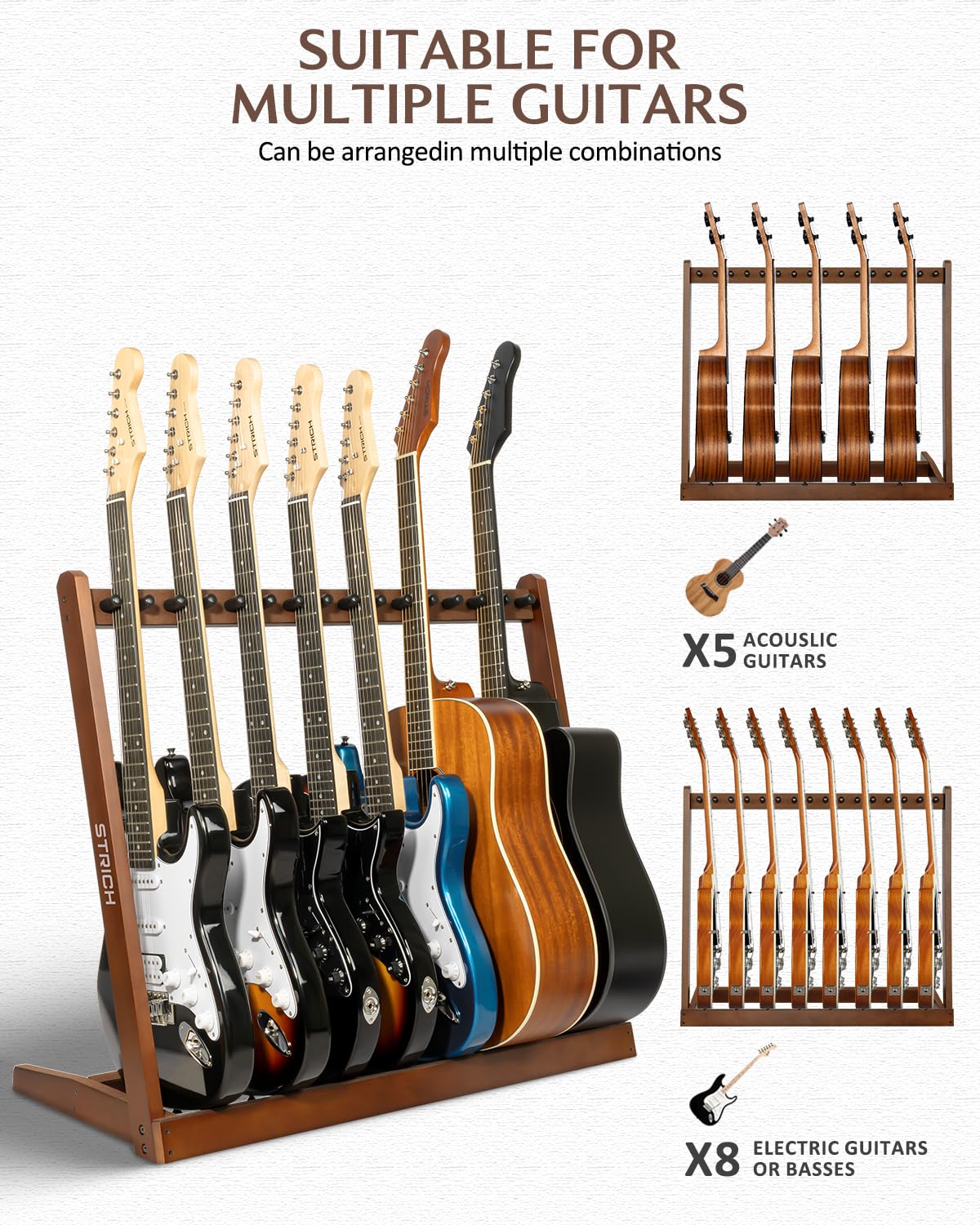 Strich Guitar Stand For Multiple Guitars, Hardwood Guitar Rack For 8 Electric Guitar Bass, Or 5 Acoustic Guitars, Padded Multi G