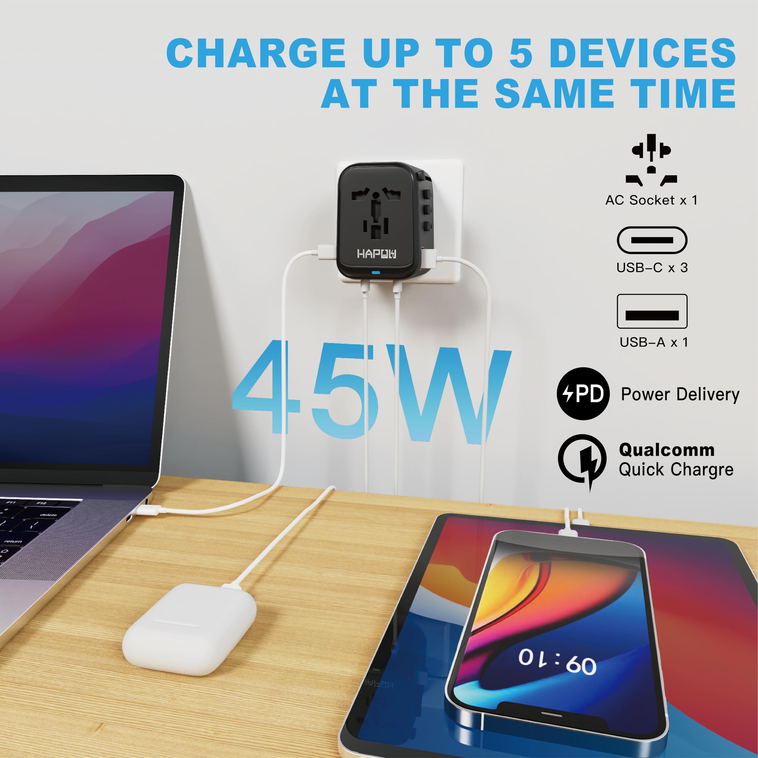 Hapow Universal Travel Adapter, Gan 45W International Power Adapter, 3 Usb C & 1 Usb A Fast Charging Travel Charger, All In One