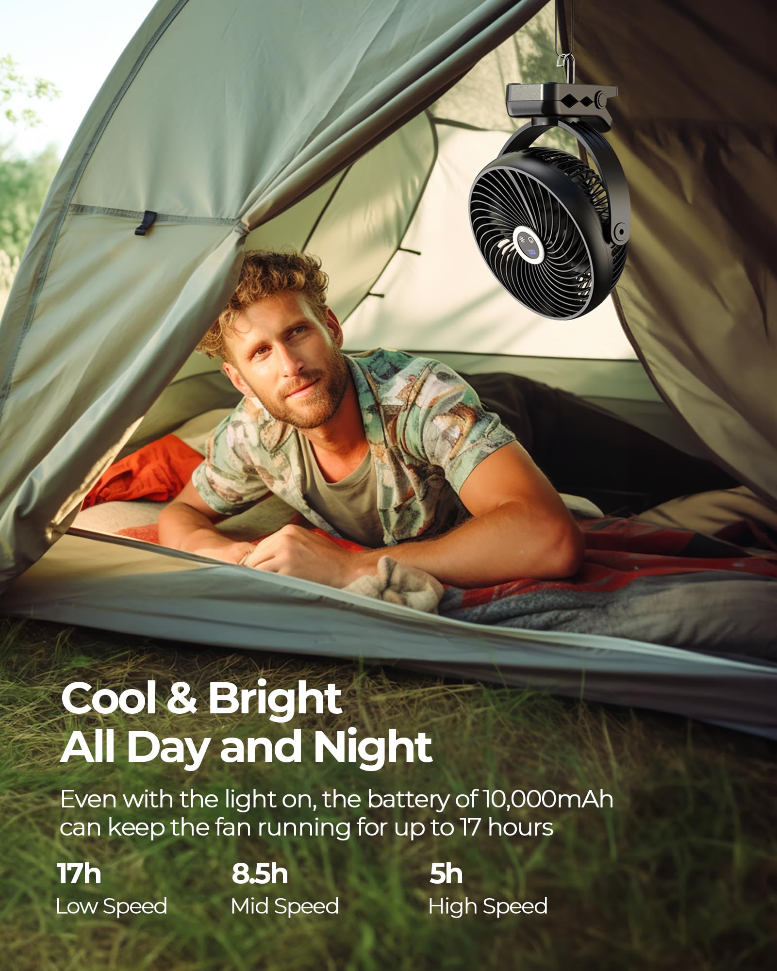 Koonie 10000Mah Portable Clip On Fan With Led Lantern And Hook, 8'' Battery Operated Desk Fan, Quiet Camping Fan With Led Digita