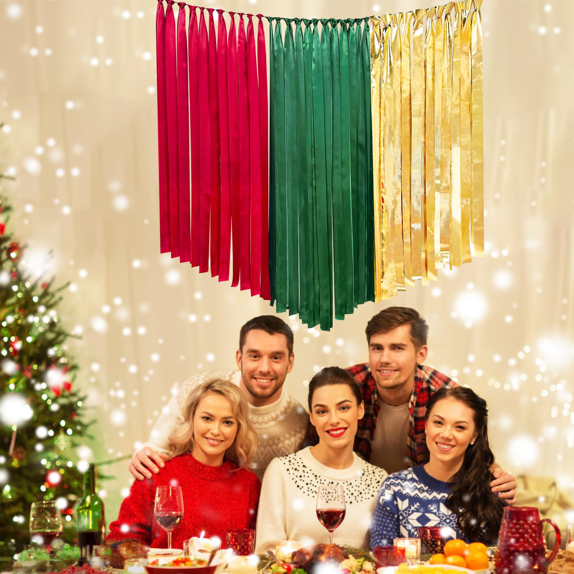 Christmas Party Decoration Red Green Gold Streamer Backdrop 197 Ft  1.97'' Wide Satin Ribbon Fringe Hanging Garland For Merry Ch