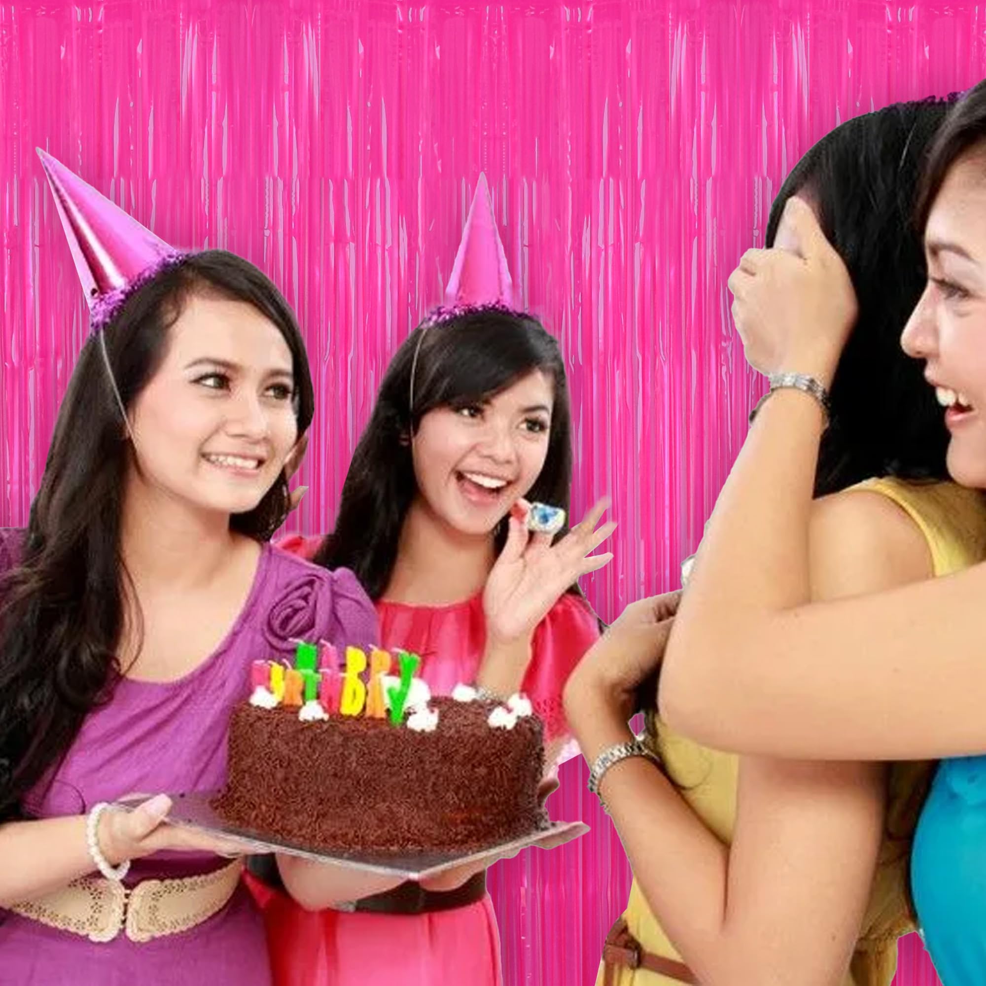 Beishida 2Pcs Hot Pink Door Streamer Fluorescent Hot Pink Backdrop Blue Foil Fringe Curtains Tinsel For Birthday Baby Shower Bac