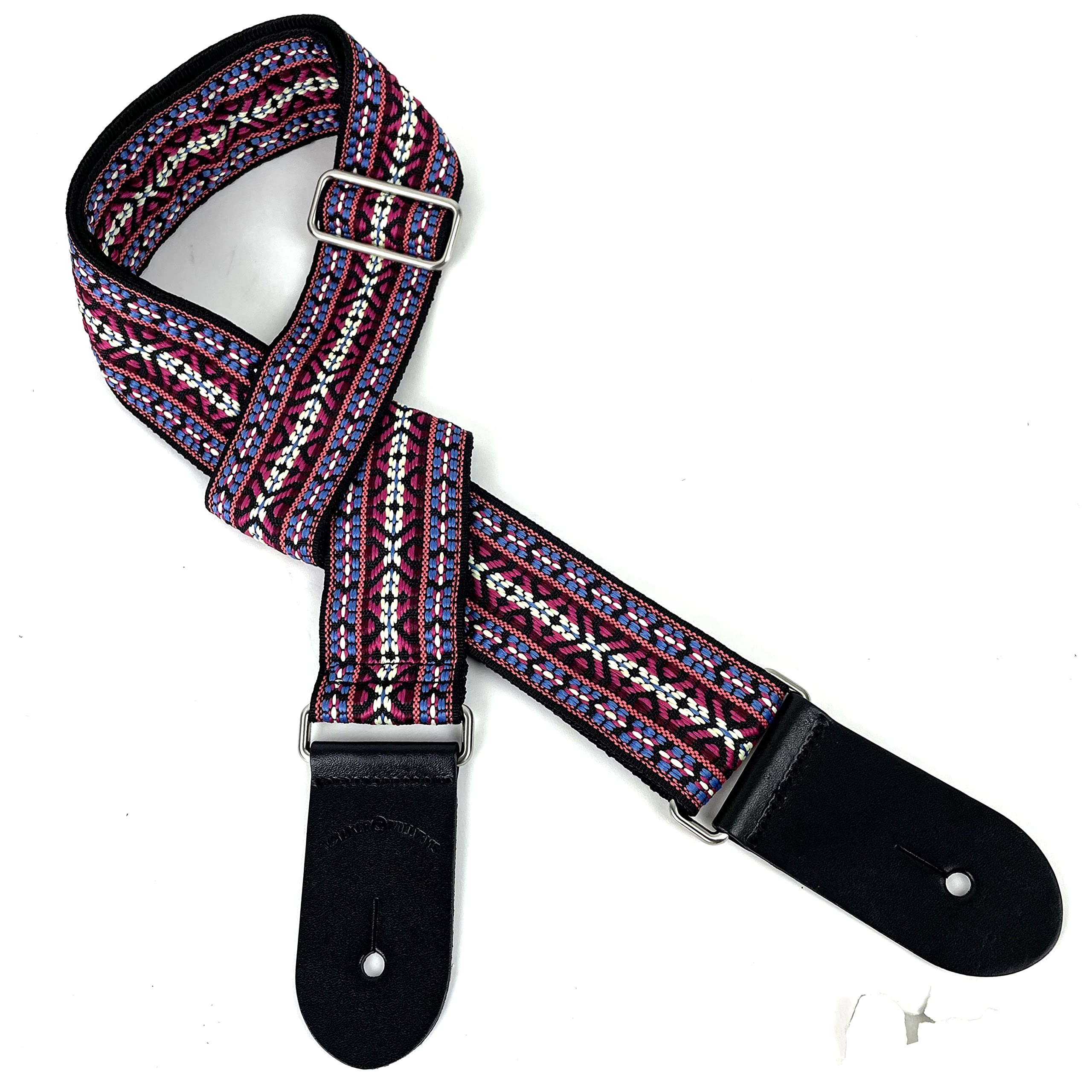 Walker And Williams H19M Vintage Series Guitar Strap Red, Blue & Cream Yucatan Style Weave With Thick Leather Ends For Acousti