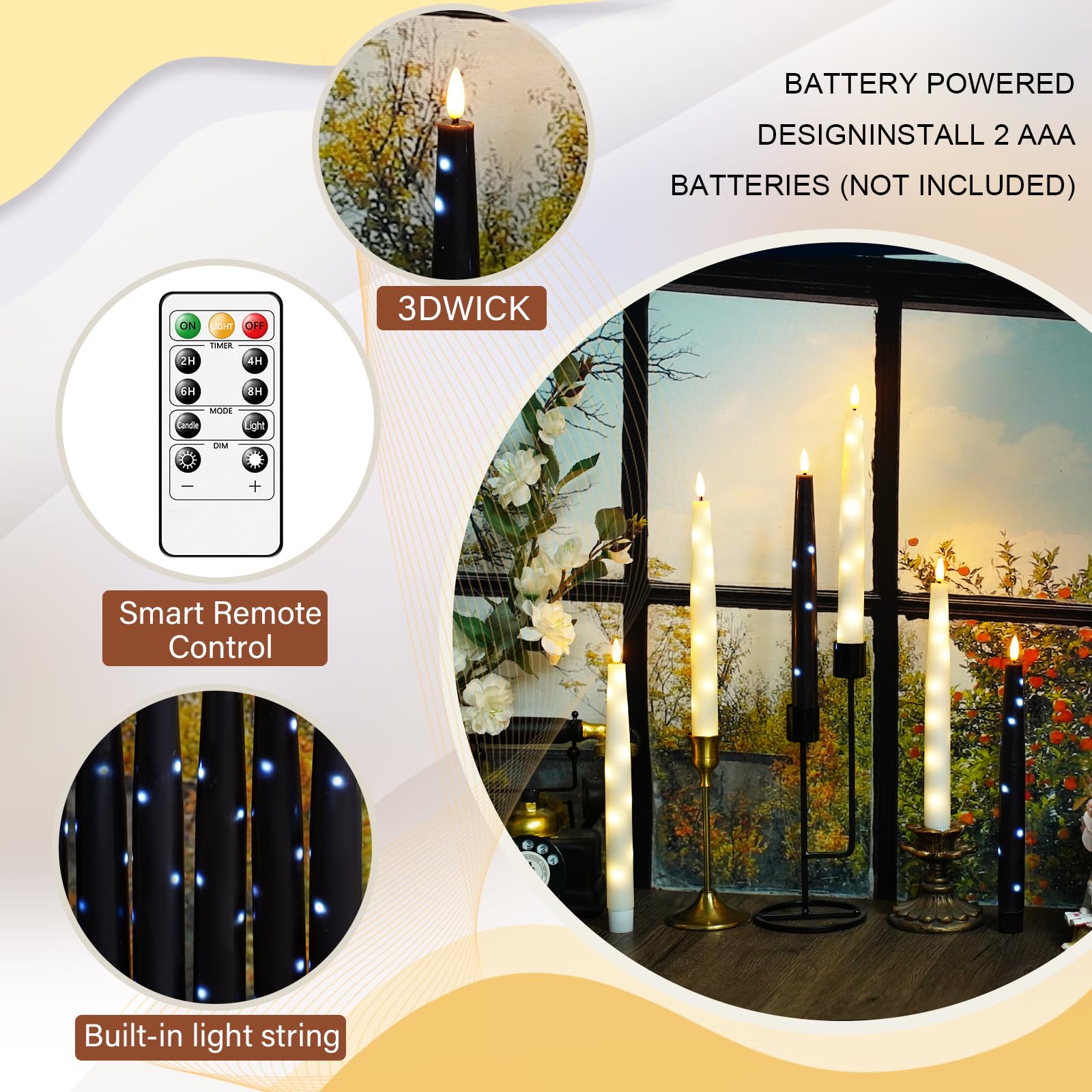 Nimiko Flameless Taper Candles With Star Lights, Remote Control, And Timer Control, Made Of Real Wax, Led Battery-Powered Candle