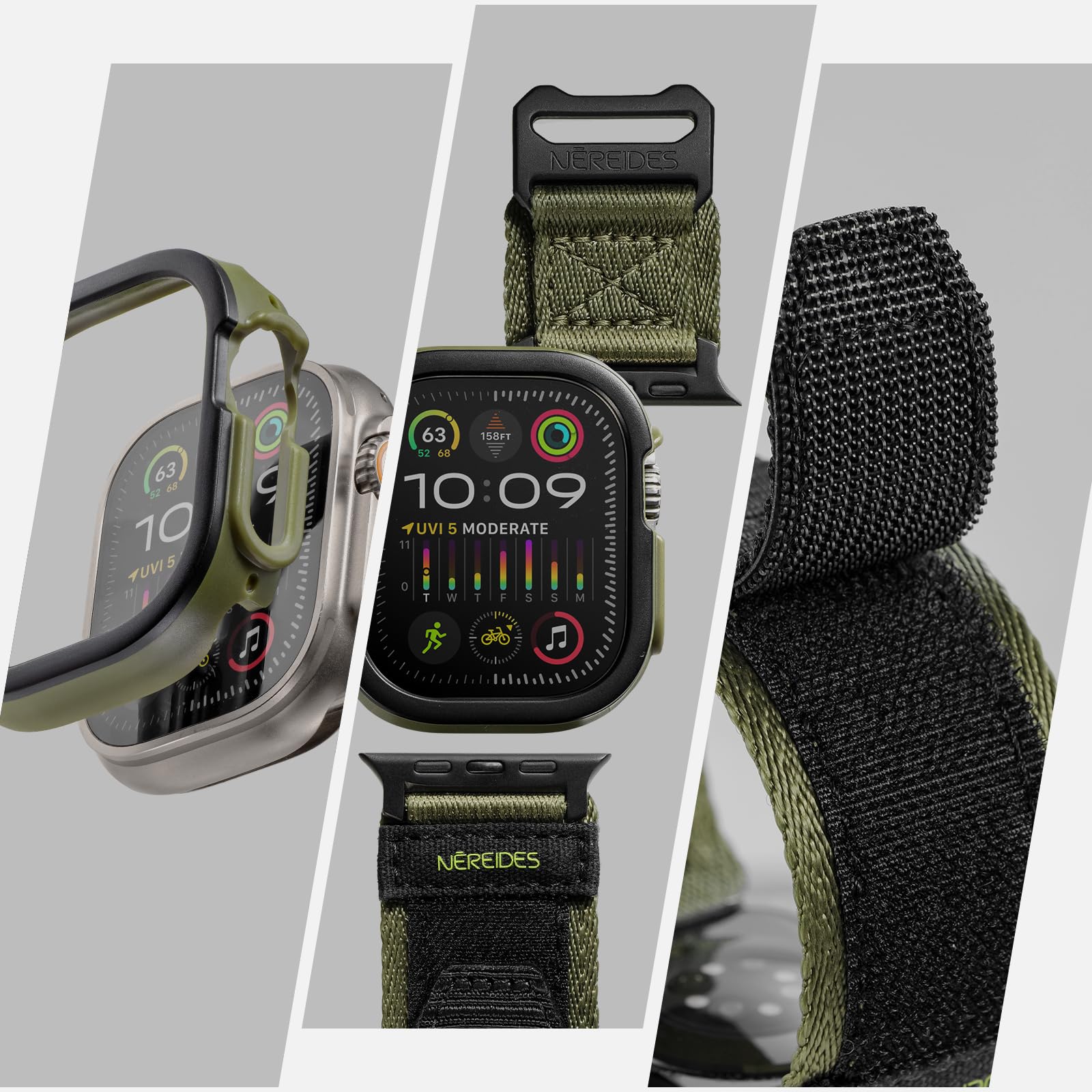 Rugged Case With Band For Apple Watch Ultra 1/2 Band 49Mm, Hook And Loop Nylon Sport Strap With Case For Iwatch Men(Army Green)