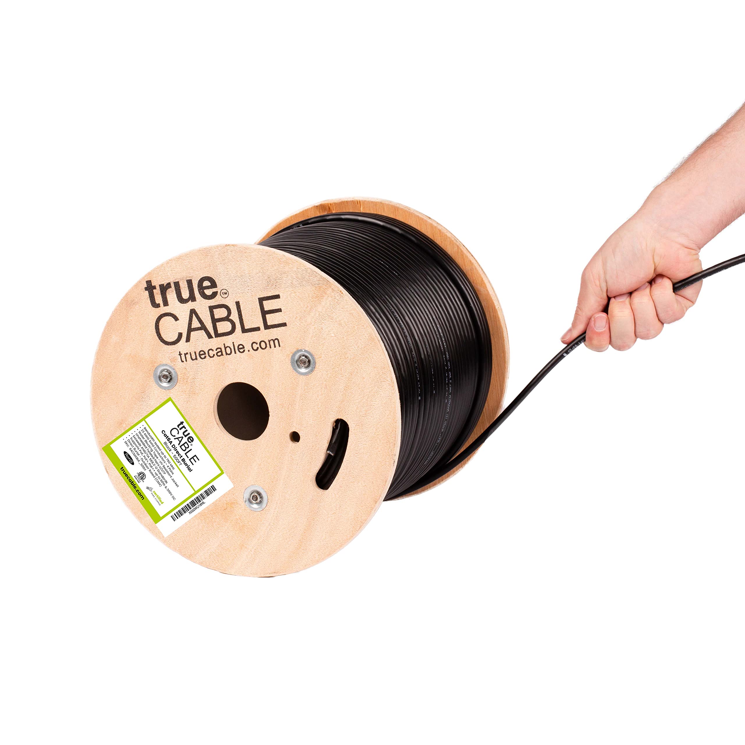 Truecable Cat6A Direct Burial, 500Ft, Waterproof, Outdoor Rated Cmx, Black, 23Awg Solid Bare Copper, 750Mhz, Poe++ (4Ppoe), Etl Listed, Unshielded Utp, Bulk Ethernet Cable